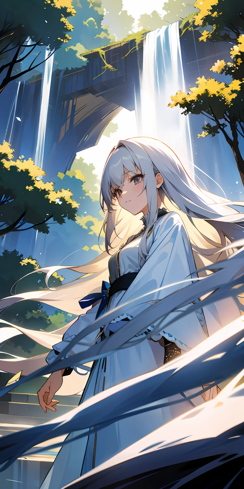 ((best quality)),(masterpiece),(best artist),(best lighting),(best quality),(best desinger),(best drawing),(anime girl),(best intensity),(amazing) landscape background), a girl (long white hair with bangs), wearing a white silk dress with long lace sleeves, waterfall background with a forest, incredible dark lighting with almost no light, highlighting the beautiful girl who is with an expression serious, showing her melancholy expression.