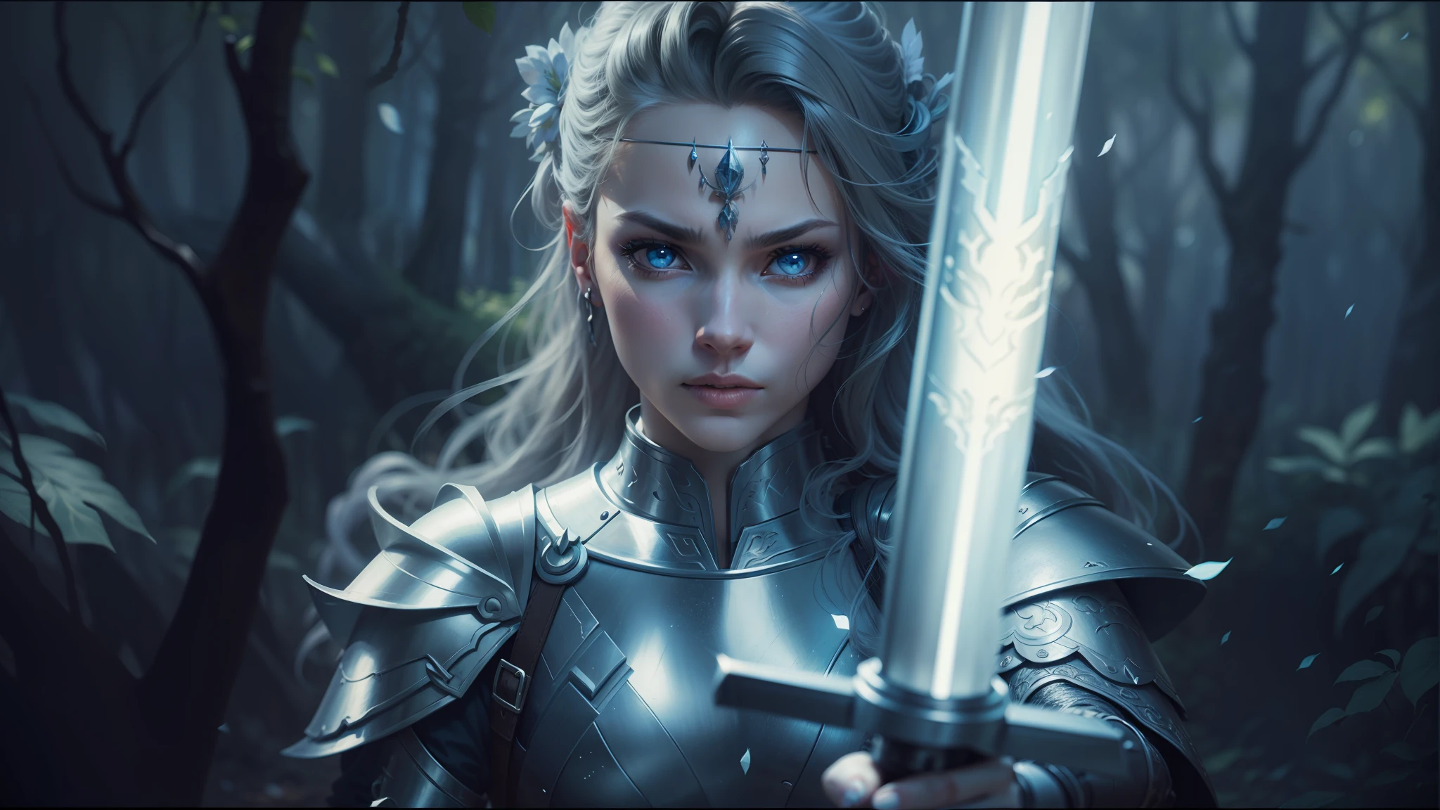 arafed woman in armor holding a sword in a forest, stunning vfx, light grey-blue eyes, still from a music video, fierce, render of mirabel madrigal, picture of an adult male warrior, portrait of soldier girl, anime still image, fierce medusa, by Melissa Benson, mighty princess of the wasteland, charli bowater and artgeem, legend of the cryptids