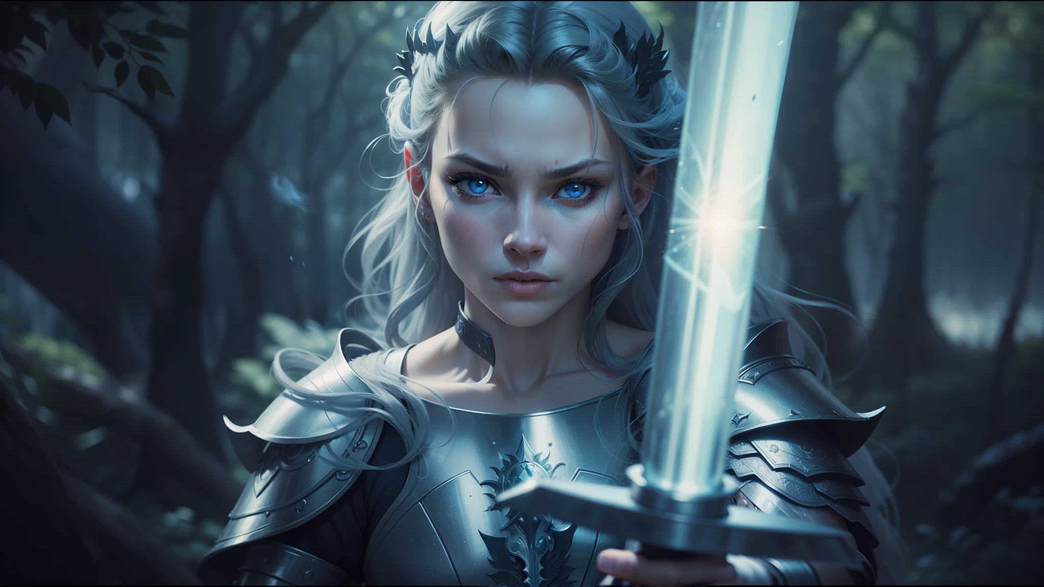 arafed woman in armor holding a sword in a forest, stunning vfx, light grey-blue eyes, still from a music video, fierce, render of mirabel madrigal, picture of an adult male warrior, portrait of soldier girl, anime still image, fierce medusa, by Melissa Benson, mighty princess of the wasteland, charli bowater and artgeem, legend of the cryptids