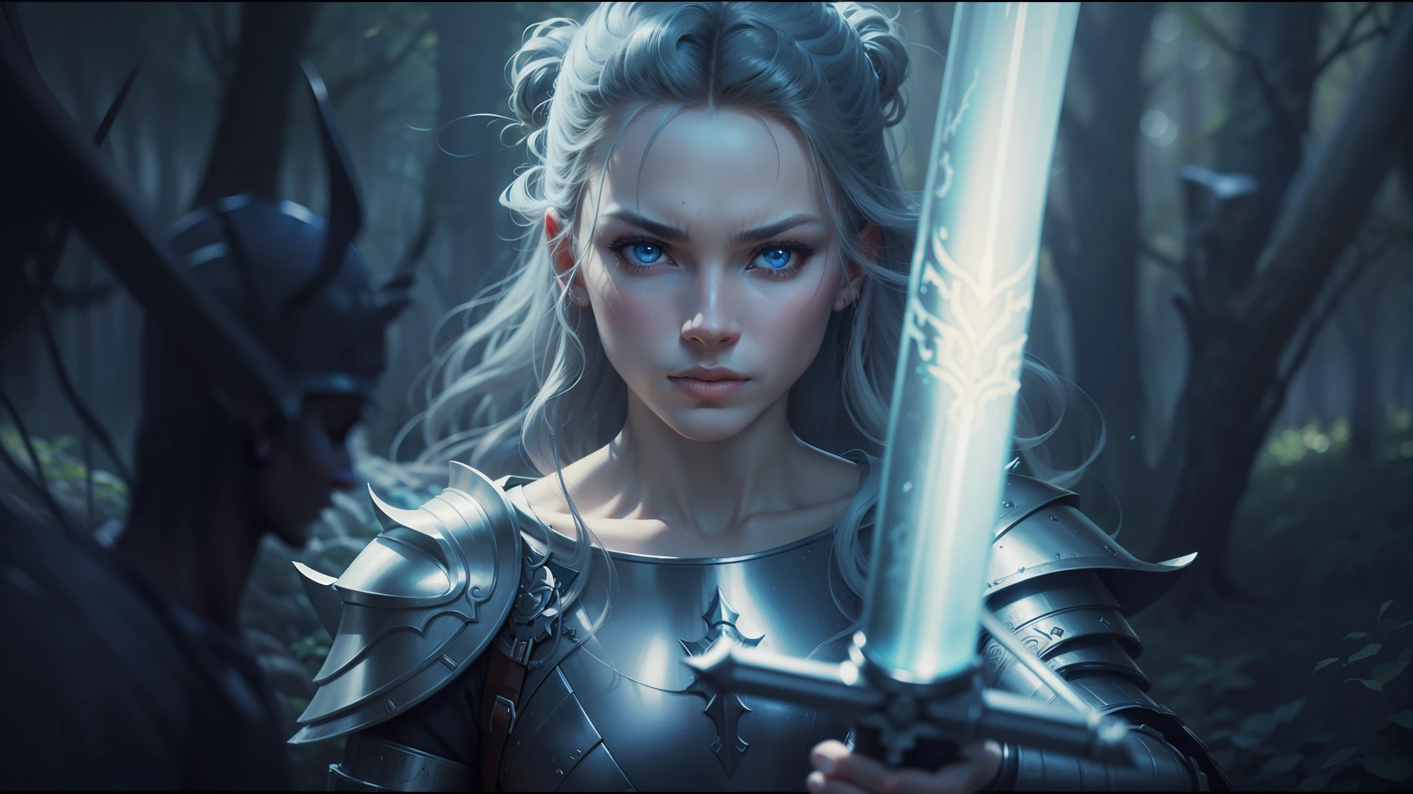 arafed woman in armor holding a sword in a forest, stunning vfx, light grey-blue eyes, still from a music video, fierce, render of mirabel madrigal, picture of an adult male warrior, portrait of soldier girl, anime still image, fierce medusa, by Melissa Benson, mighty princess of the wasteland, charli bowater and artgeem, legend of the cryptids