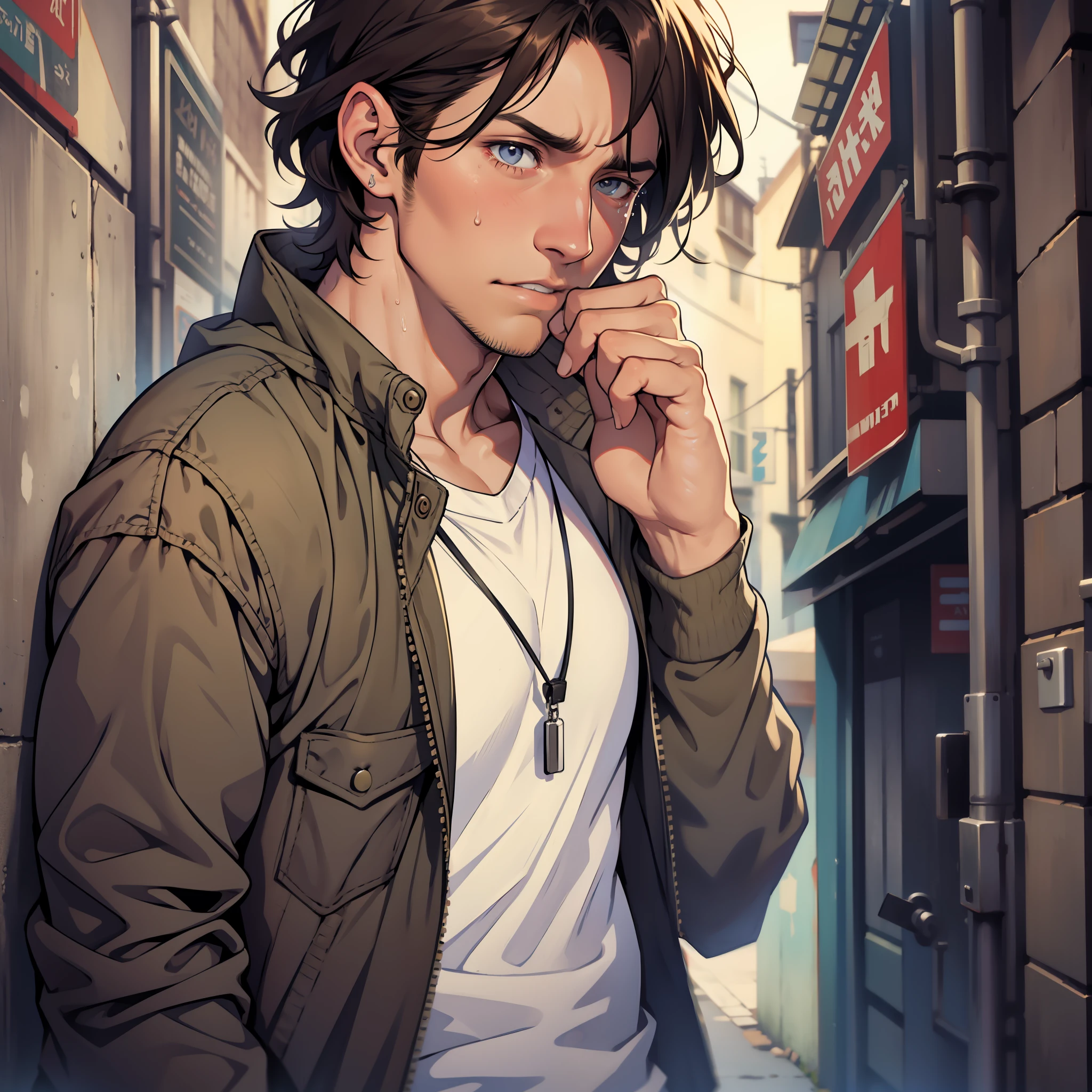 A brunette man, tearful, scared