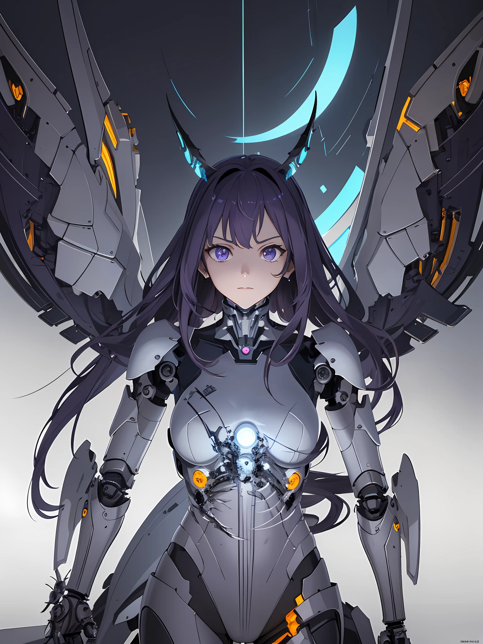masterpiece, best quality, movie, official art, promotional art, movie wallpaper, extremely detailed CG unity 4k wallpaper, intricate details, white background, full body, concept art, production art, (Mechanical components:1.5),(mechanical prosthesis:1.5), mechanical wings, wings, highres, (realistic, photo-realistic:1.2), physically-based rendering, machinery, reflection, realistic, cyberpunk, symmetric front view close up head shot eyes symmetry face very sharp focus realistic award winning matte drawing cinematic lighting, 1girl, robot, (illustration:1.1), slim, Inazuma symbol, electro symbols, fair skin,delicate face, tights,shine, black bodysuit, (purple long hair), purple eyes, laboratory, chip, shine, long braided hair