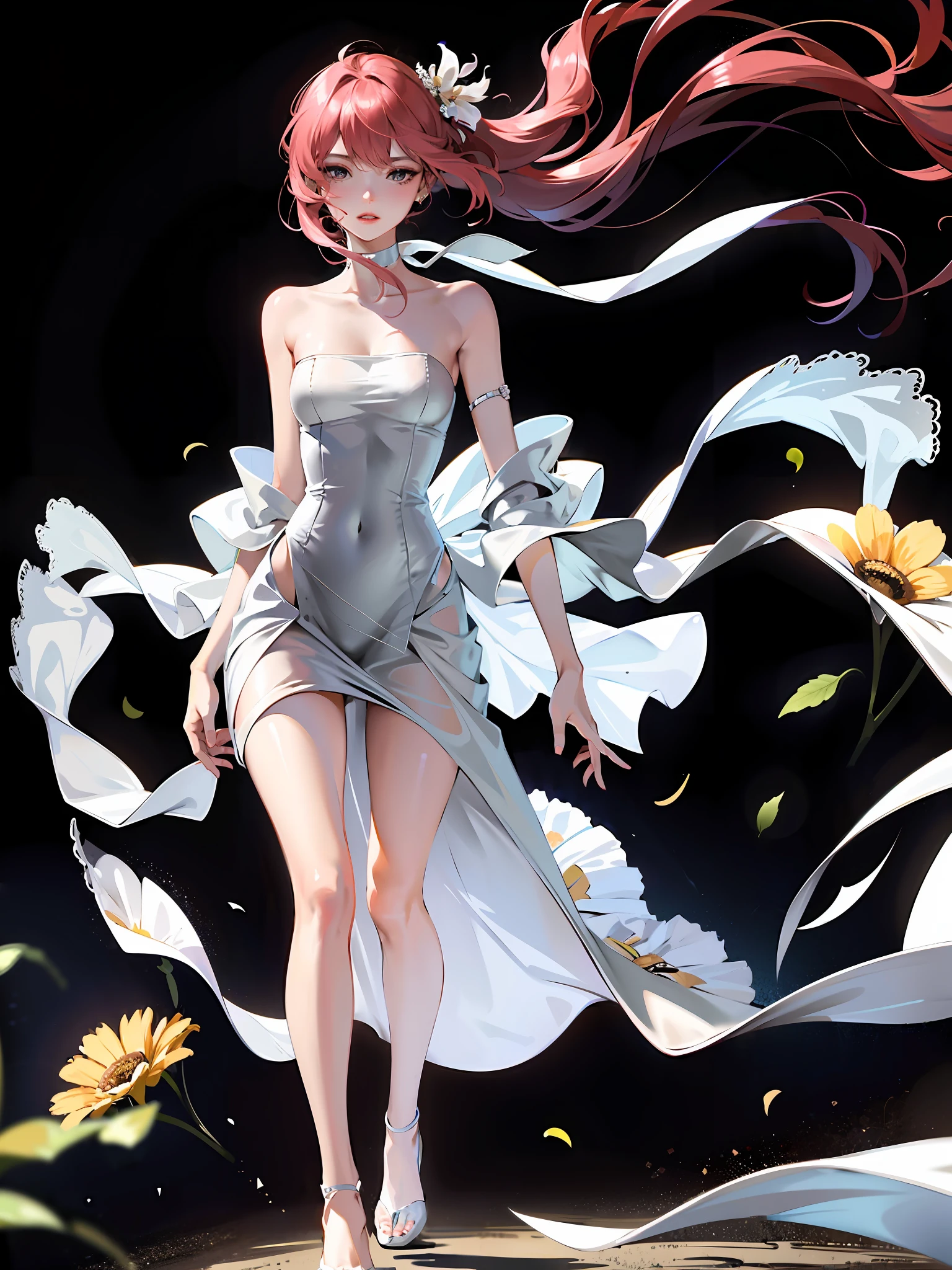 Elegant woman walking in dress, solo, bandeau dress, romantic dress, print, windblown wind, fashion dress, thin waist, light half-open dress, soft silk fabric, thin, exposed figure, medium chest, black stockings, elegant, flowy, summer, strapless, prairie,
