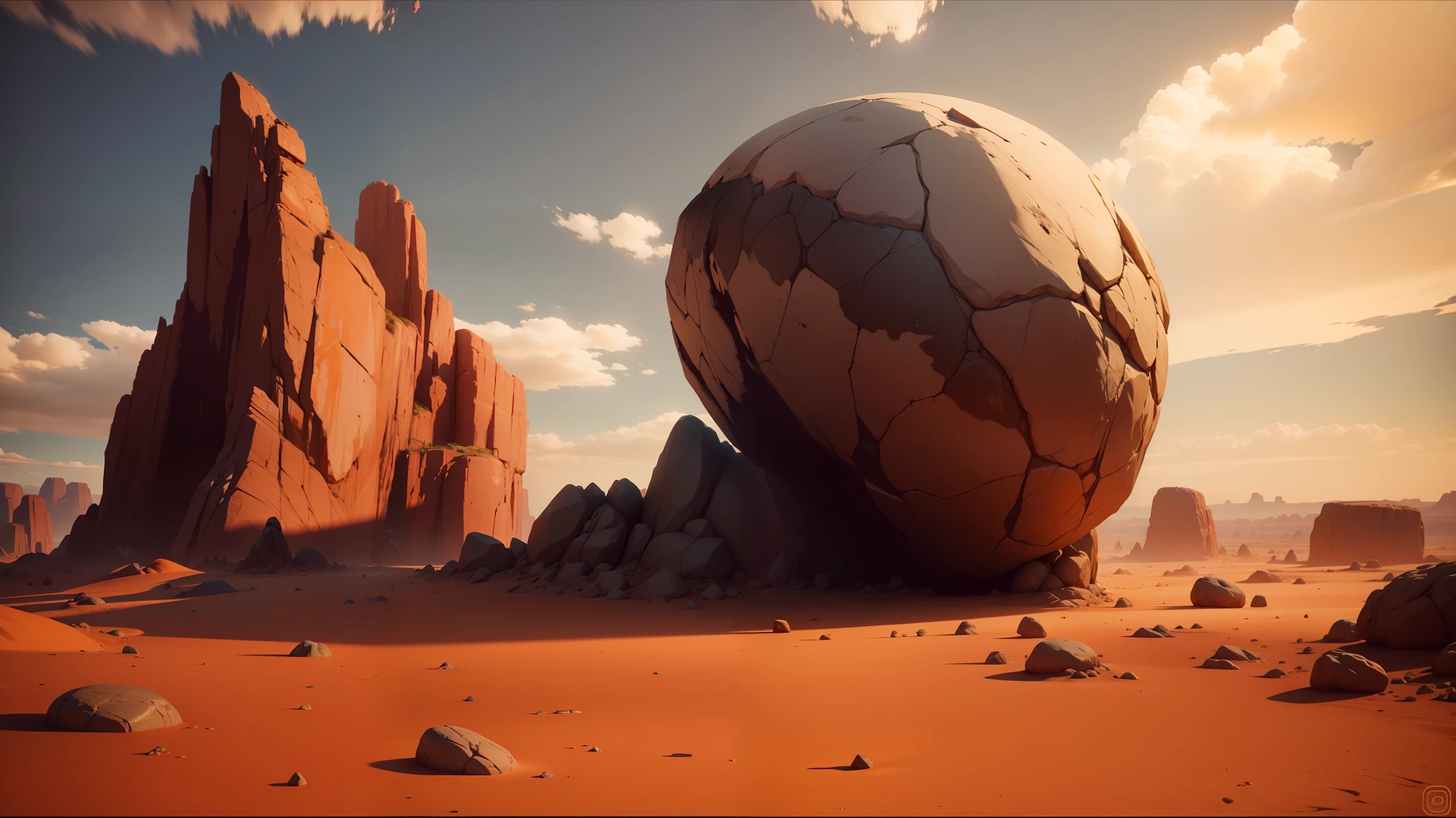 there is a large rock in the middle of a desert, unreal engine 5 : :, sisyphus compostition, total recall style, mobile game art, by Albert Namatjira, surrealisme aesthetic, tooth wu : : quixel megascans, highly realistic unreal engine, monumental