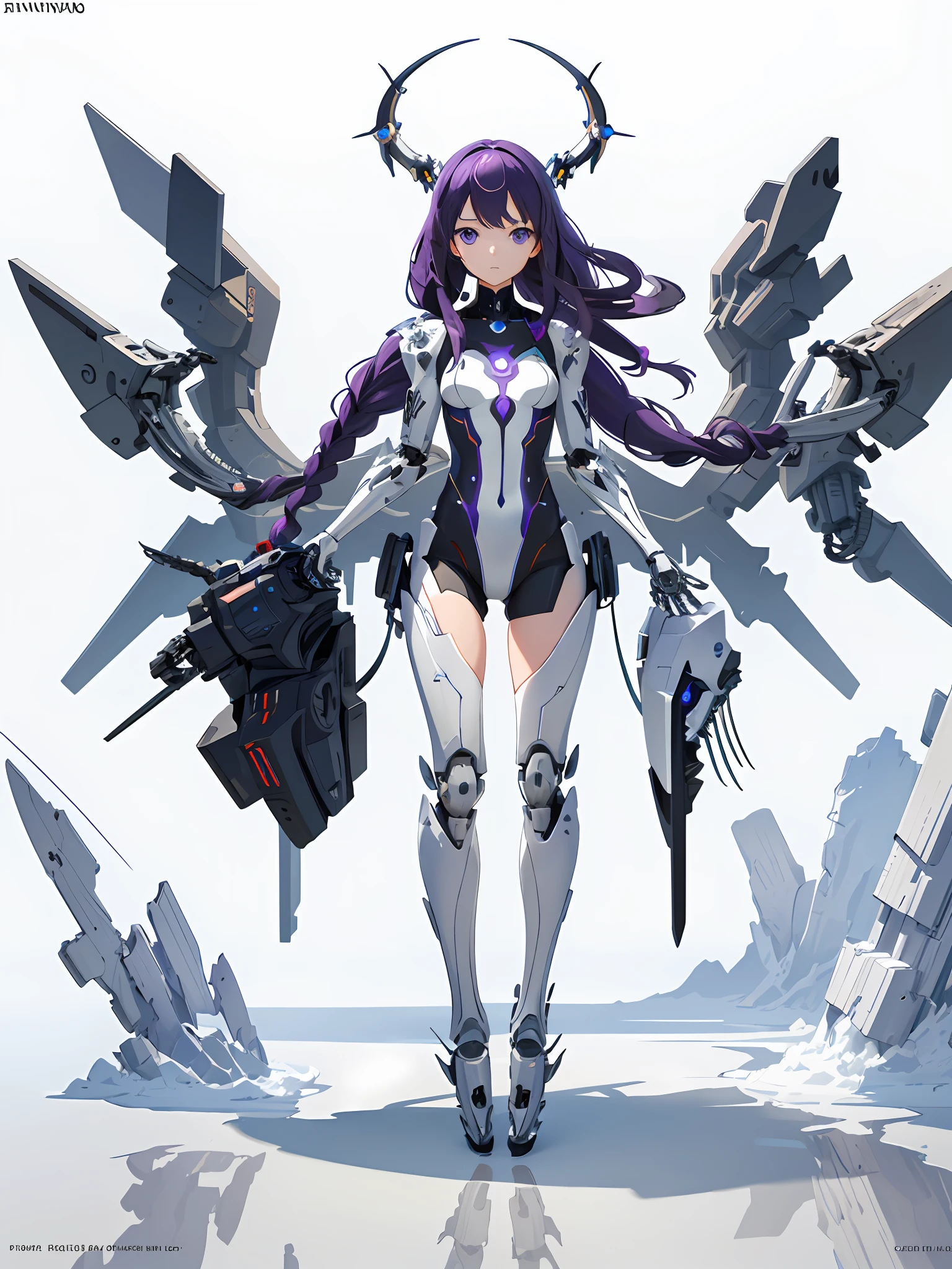 masterpiece, best quality, movie, official art, promotional art, movie wallpaper, extremely detailed CG unity 4k wallpaper, intricate details, white background, full body, concept art, production art, (Mechanical components:1.5),(mechanical prosthesis:1.5), mechanical wings, wings, highres, (realistic, photo-realistic:1.2), physically-based rendering, machinery, reflection, realistic, cyberpunk, symmetric front view close up head shot eyes symmetry face very sharp focus realistic award winning matte drawing cinematic lighting, 1girl, robot, (illustration:1.1), slim, Inazuma symbol, electro symbols, fair skin,delicate face, tights,shine, black bodysuit, (purple long hair), purple eyes, laboratory, chip, shine, long braided hair