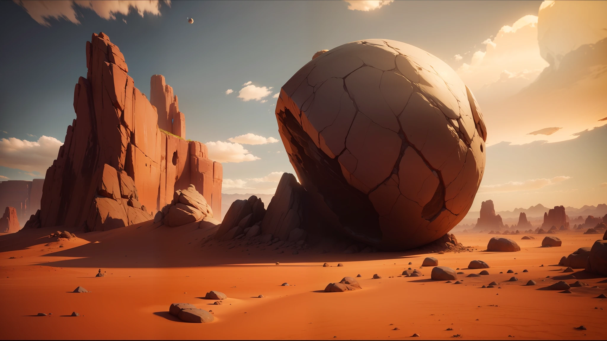 there is a large rock in the middle of a desert, unreal engine 5 : :, sisyphus compostition, total recall style, mobile game art, by Albert Namatjira, surrealisme aesthetic, tooth wu : : quixel megascans, highly realistic unreal engine, monumental