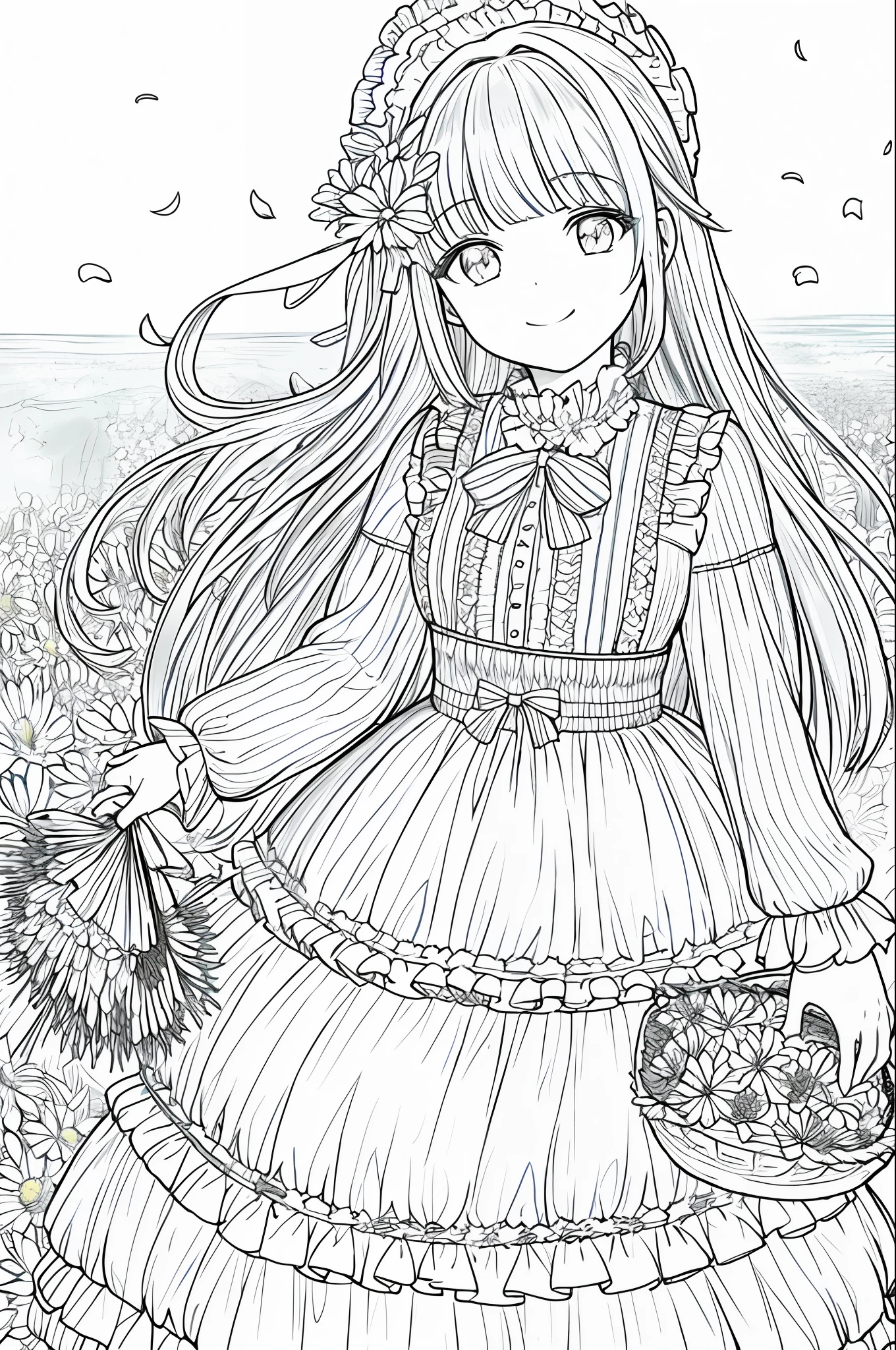 masterpiece, best quality, 1girl, solo, long_hair, looking_at_viewer, smile, bangs, skirt, shirt, long_sleeves, hat, dress, bow, holding, closed_mouth, flower, frills, hair_flower, petals, bouquet, holding_flower, center_frills, bonnet, holding_bouquet, flower field, flower field, lineart, monochrome,