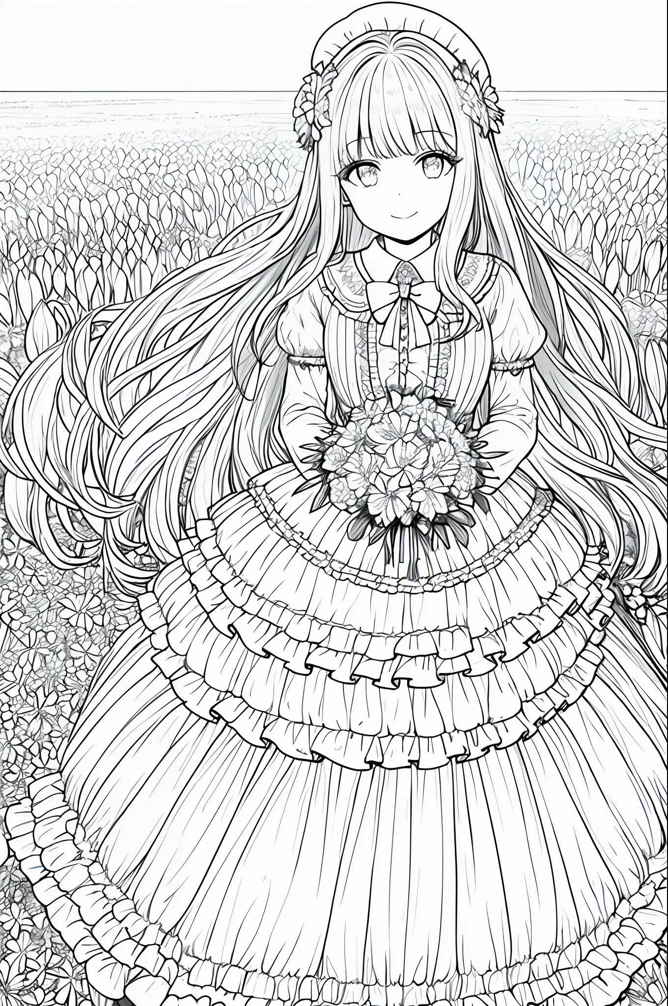 masterpiece, best quality, 1girl, solo, long_hair, looking_at_viewer, smile, bangs, skirt, shirt, long_sleeves, hat, dress, bow, holding, closed_mouth, flower, frills, hair_flower, petals, bouquet, holding_flower, center_frills, bonnet, holding_bouquet, flower field, flower field, lineart, monochrome,