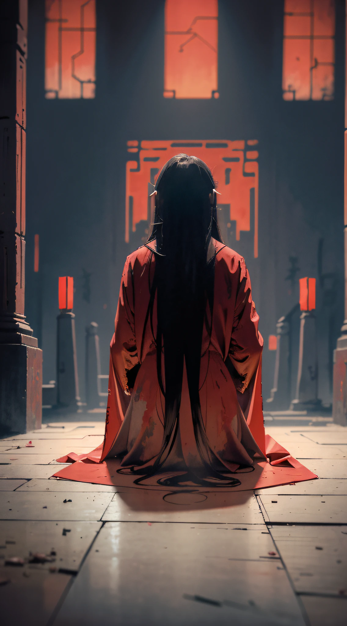 Kneeling on the ground, man, long hair, back to the audience, hands folded, faceless, wearing red robes, among the temples, tattered, ragged, dirty, sketching, anime key visuals, fog, evil, Bauhaus art, dramatic lights, mystery