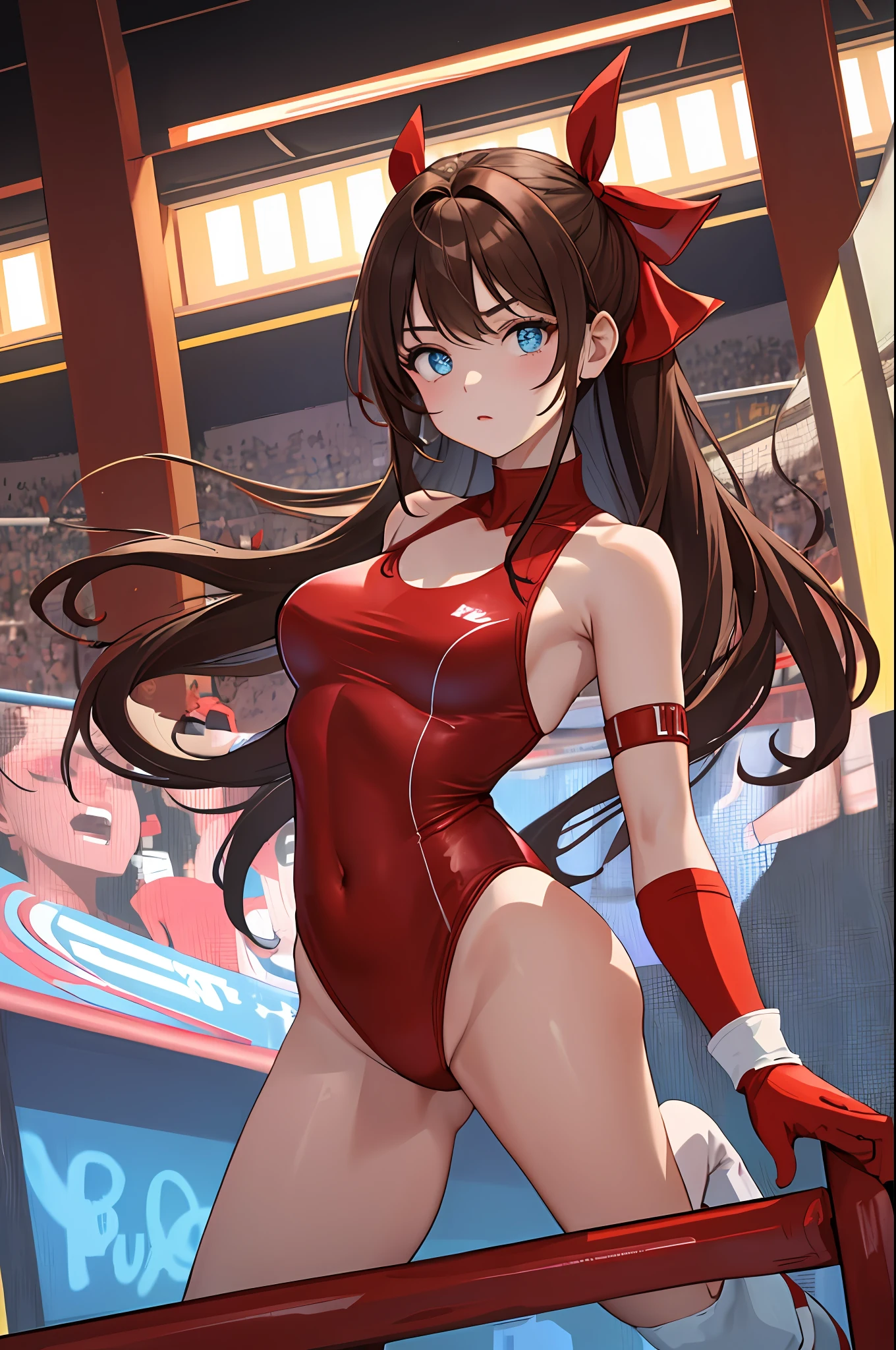 masterpiece, best quality, hi-res, 1girl, solo, idol beauty professional wrestler,, brown hair, semi-long, red ribbon on hair red sexy mesh Plunge Leotard, bare feet, red boots, matching boots, aura, blue aura, sleeveless, red gloves, , matching gloves, watching viewer, on the wrestling ring, in the hall, perfect hands, perfect eyes, power ups, perfect leotards,