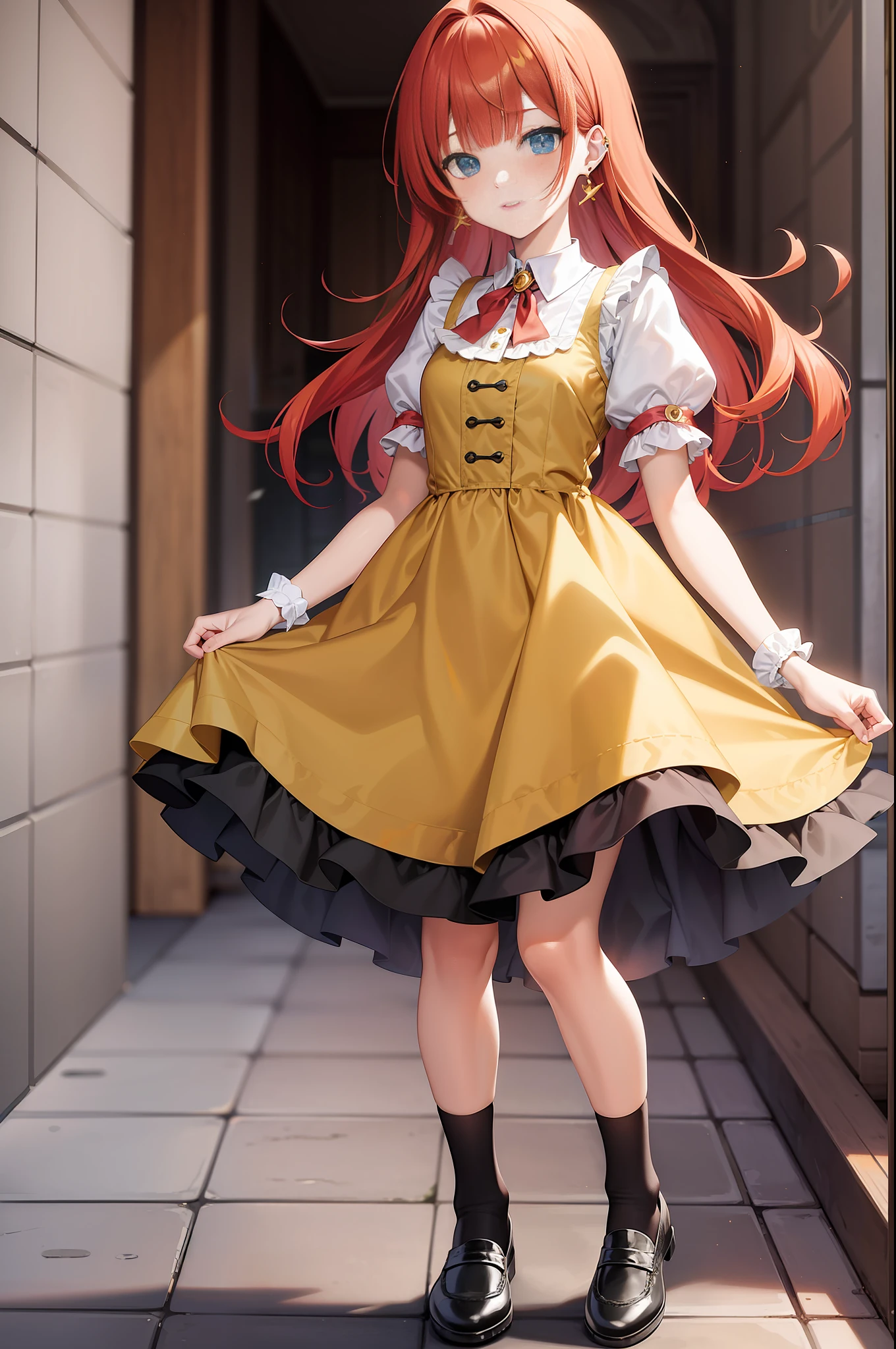 ((anime style)),masterpiece,flat color, best quality, no-show socks, flat shoes, earrings, Peter Pan collar, pintuck design, ruffles,Gold dress, Red hair, straight bangs, beautiful hair.