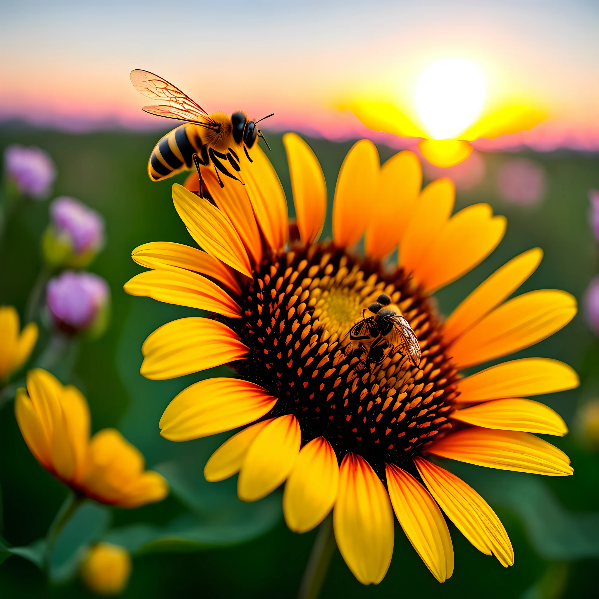 (Best Quality) (best detail) (better realism) (uhd) 1 bee on a flower, sunset