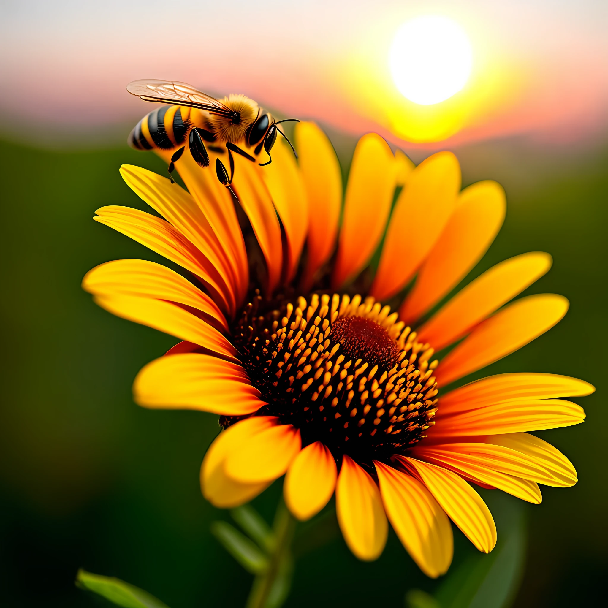 (Best Quality) (best detail) (better realism) (uhd) 1 bee on a flower, sunset
