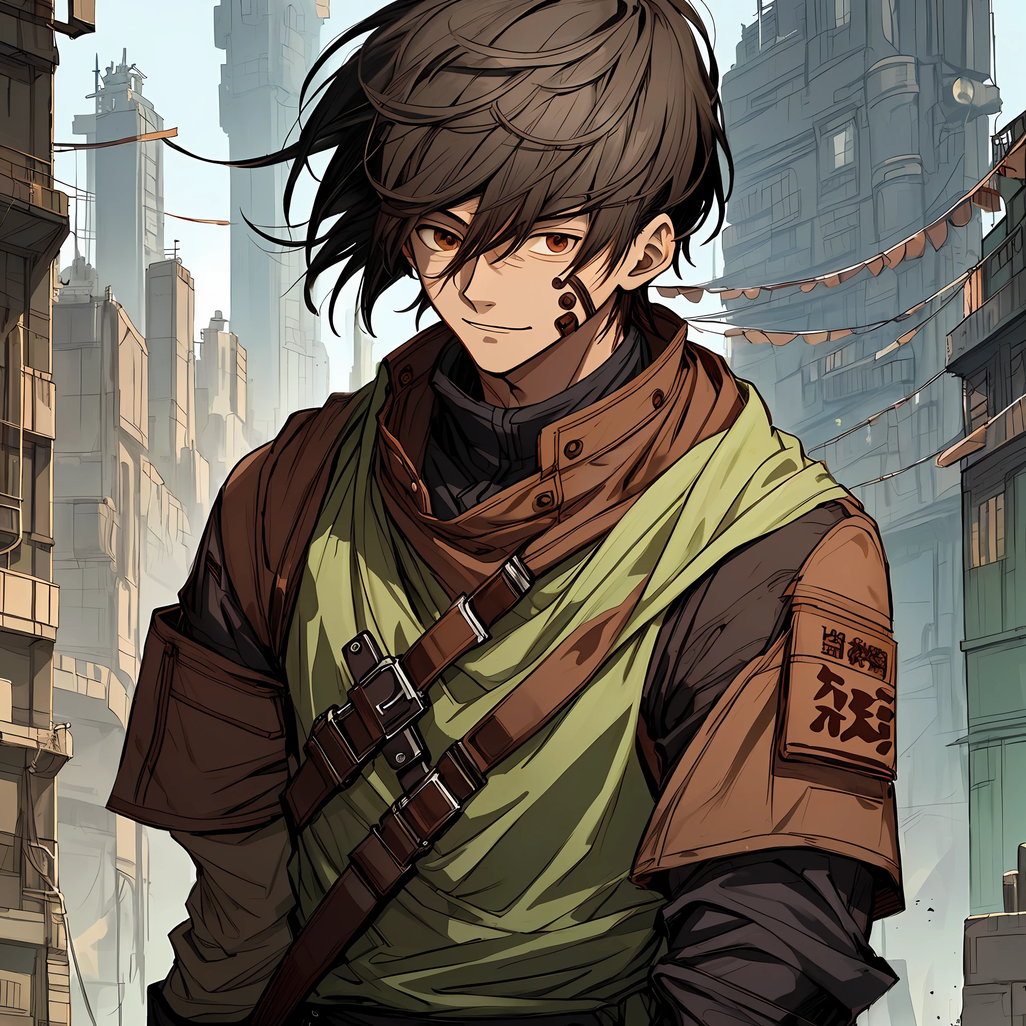 masterpiece, best quality, an extremely thin and beautiful boy, an extremely thin and beautiful boy, world theater of masterpieces, ultra detailed, very detailed, best quality, black hair, high resolution, extremely detailed, 1 boy, best quality, illustration, looking at the viewer, filling, canvas, oil painting, realistic, realistic ,real ((human)) ((chocolate brown character skin)) ((canine grooming clothes)) ((hair cutting scissors)) ((blue clothes)) ((cheerful face)) ((Peruvian clothing)) ((cyberpunk environment)) ((Drawing style of jujutsu kaisen)) ((Ghibli studio colors))