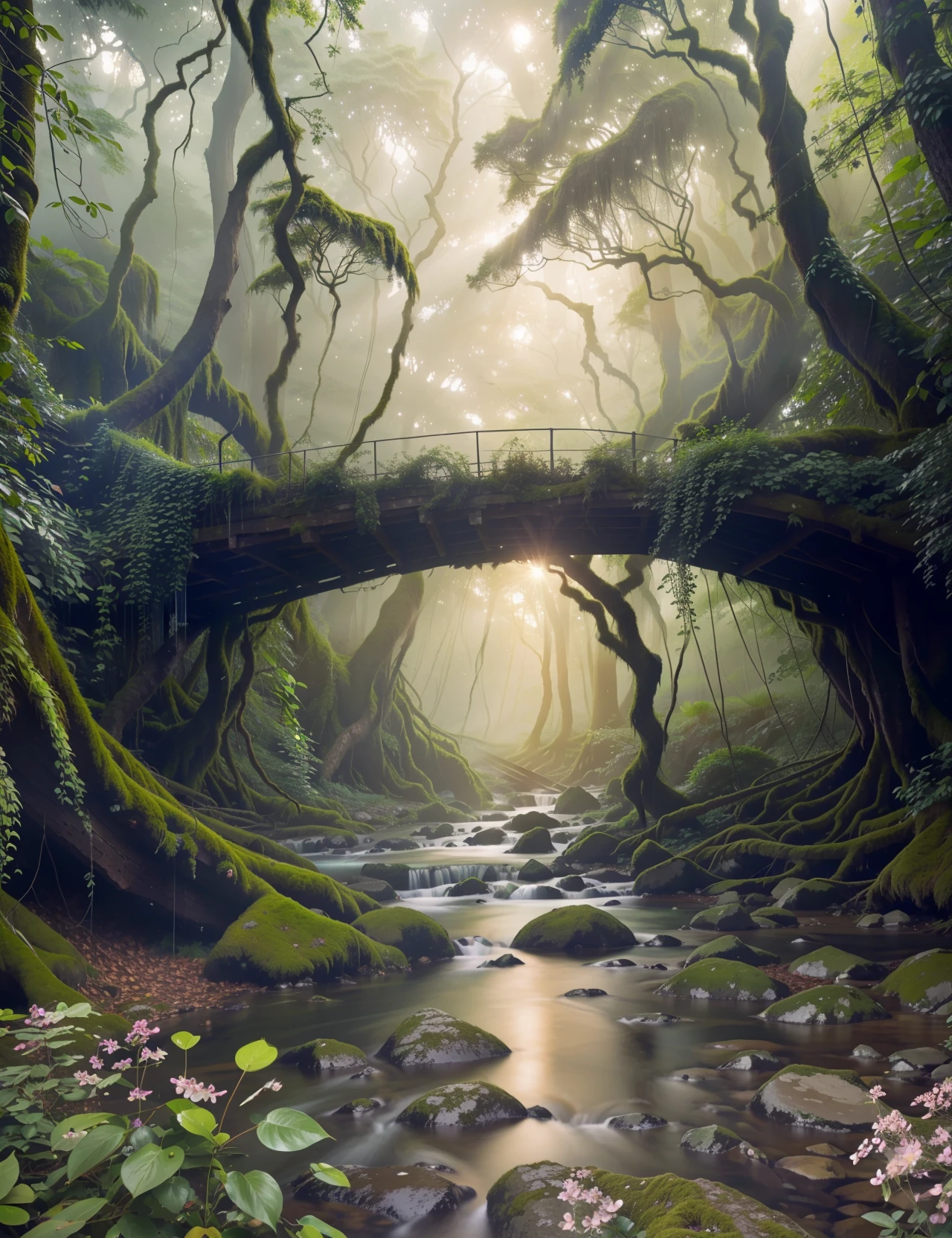 Deep green hues, rough bark textures, ethereal light shafts:0.3, distant animal sounds:0.2. Lush Canon DSLR RAW image of a (sunlit grove, foggy thicket, ancient tree, floral meadow, crystal clear stream)1.3. Featuring (wildlife, blooming flowers, cascading waterfalls, mossy rocks, rustic bridges)1.2 set against a backdrop of (dense foliage, tall trees, soft sunrise, mountain view, sprawling roots)1.3. Exuding an aura of serenity and ancient magic with a hint of (dew and fresh leaves)1.2.