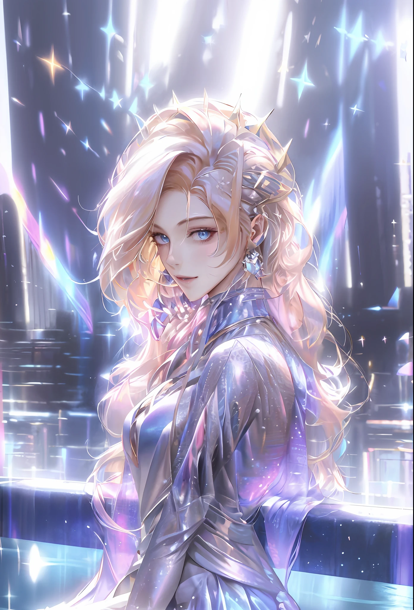 masterpiece, best quality, highres, ahri1, 1girl, solo, blonde hair, k/da \(league of legends\), long hair, multicolored hair, open hair, blue eyes, two-tone hair, large breasts, poolside, micro bikini, smile, sitting,