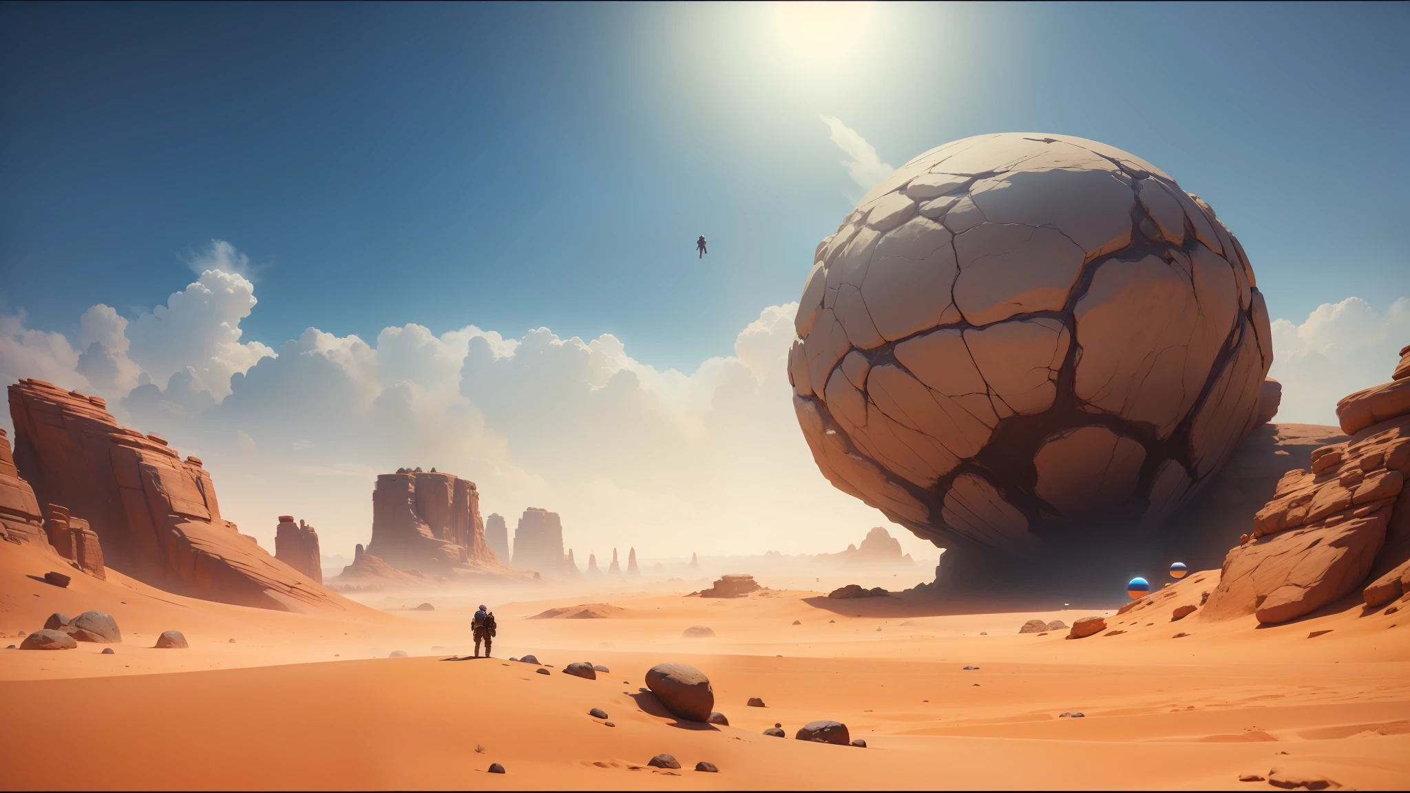 there is a man standing in the desert looking at a large rock, holding a pair of fans. unreal 5, gameplay screenshot, many giant eye balls, bioware, in the movie dune, otherland, psytrance, volumetric and perfect lighting, award-winning composition