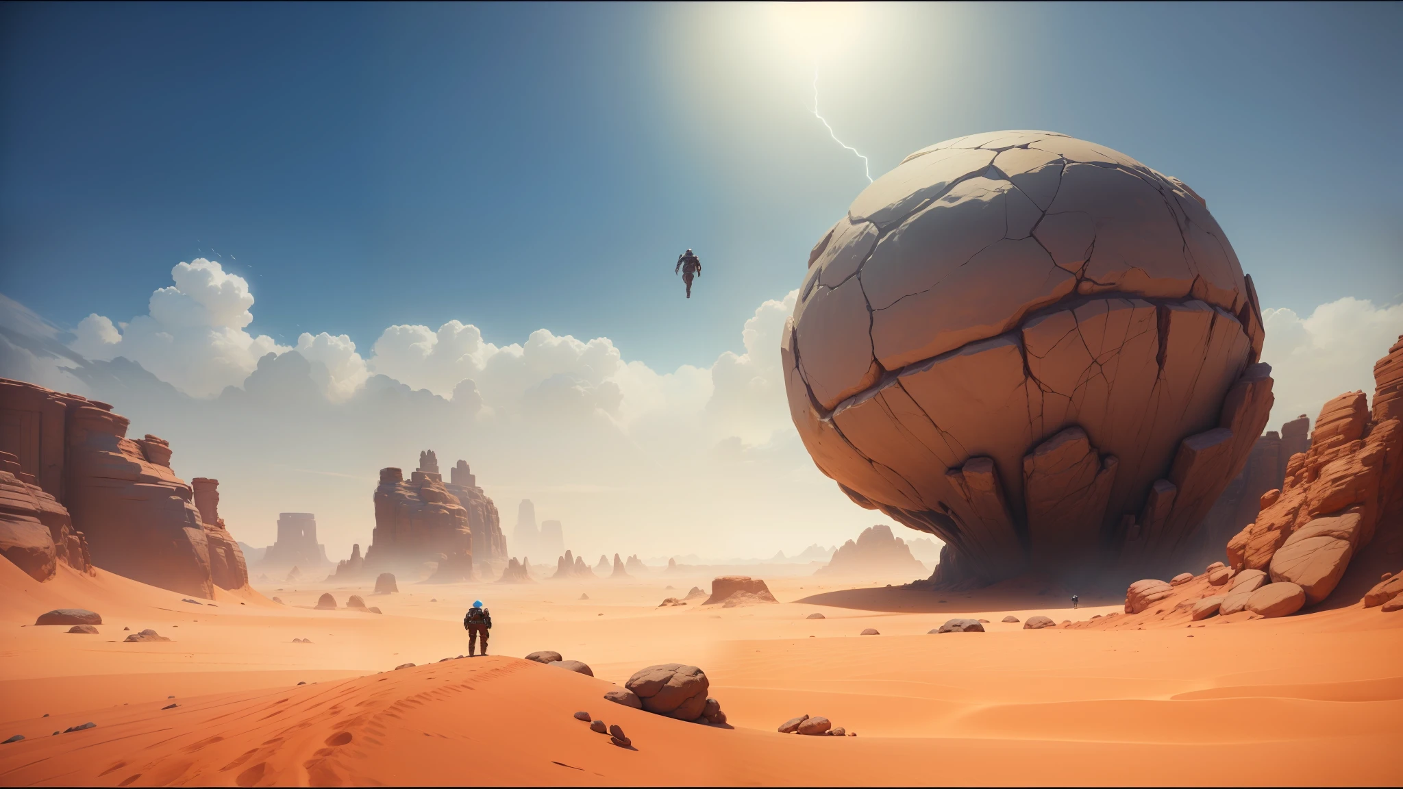 there is a man standing in the desert looking at a large rock, holding a pair of fans. unreal 5, gameplay screenshot, many giant eye balls, bioware, in the movie dune, otherland, psytrance, volumetric and perfect lighting, award-winning composition