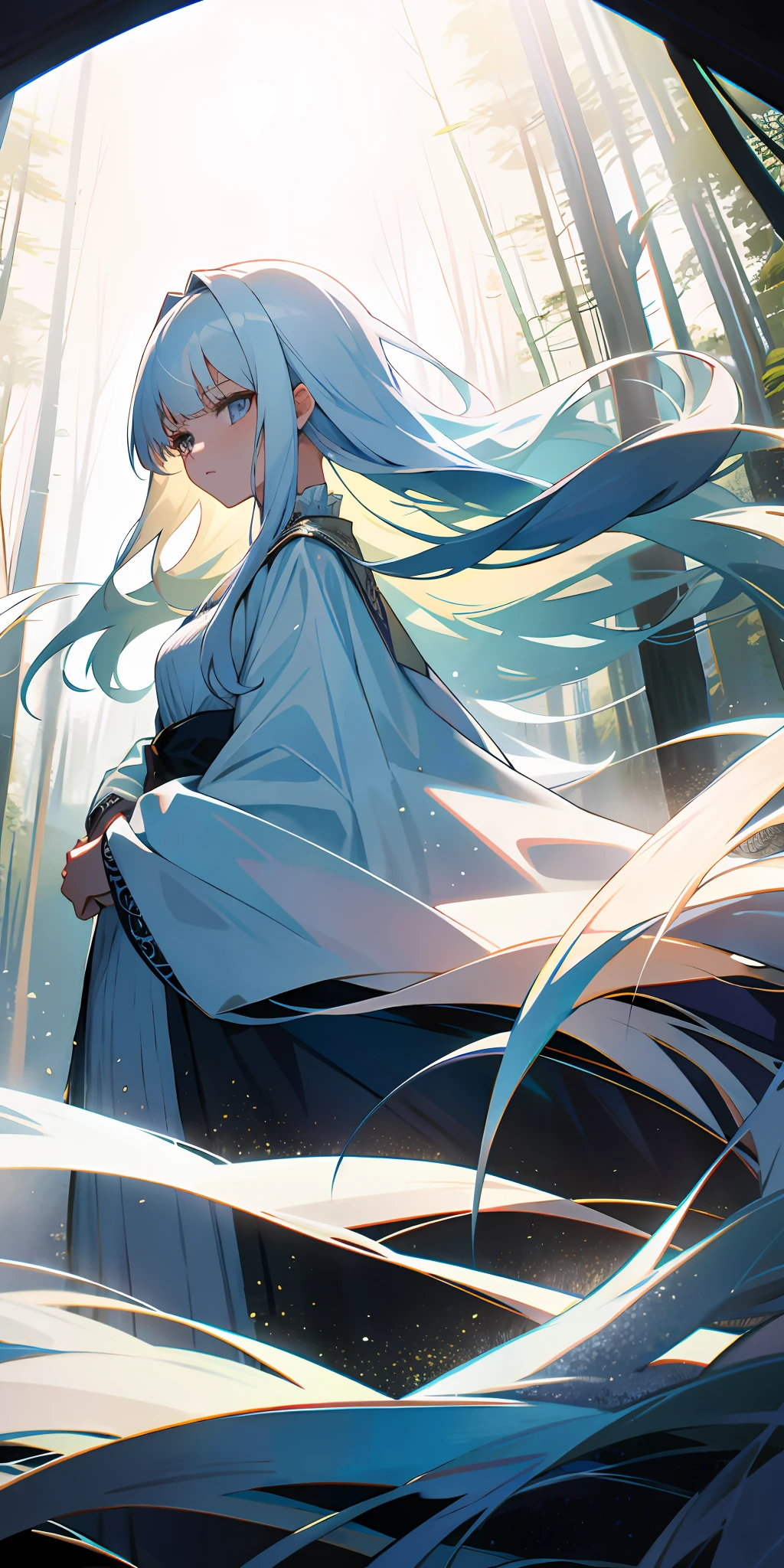 ((best quality)),(masterpiece),(best artist),(best lighting),(best quality),(best desinger),(best drawing),(anime girl),(best intensity),(amazing) landscape background), a girl (long white hair with bangs), wearing a white silk dress with long lace sleeves, waterfall background with a forest, incredible dark lighting with almost no light, highlighting the beautiful girl who is with an expression serious, showing her melancholy expression.