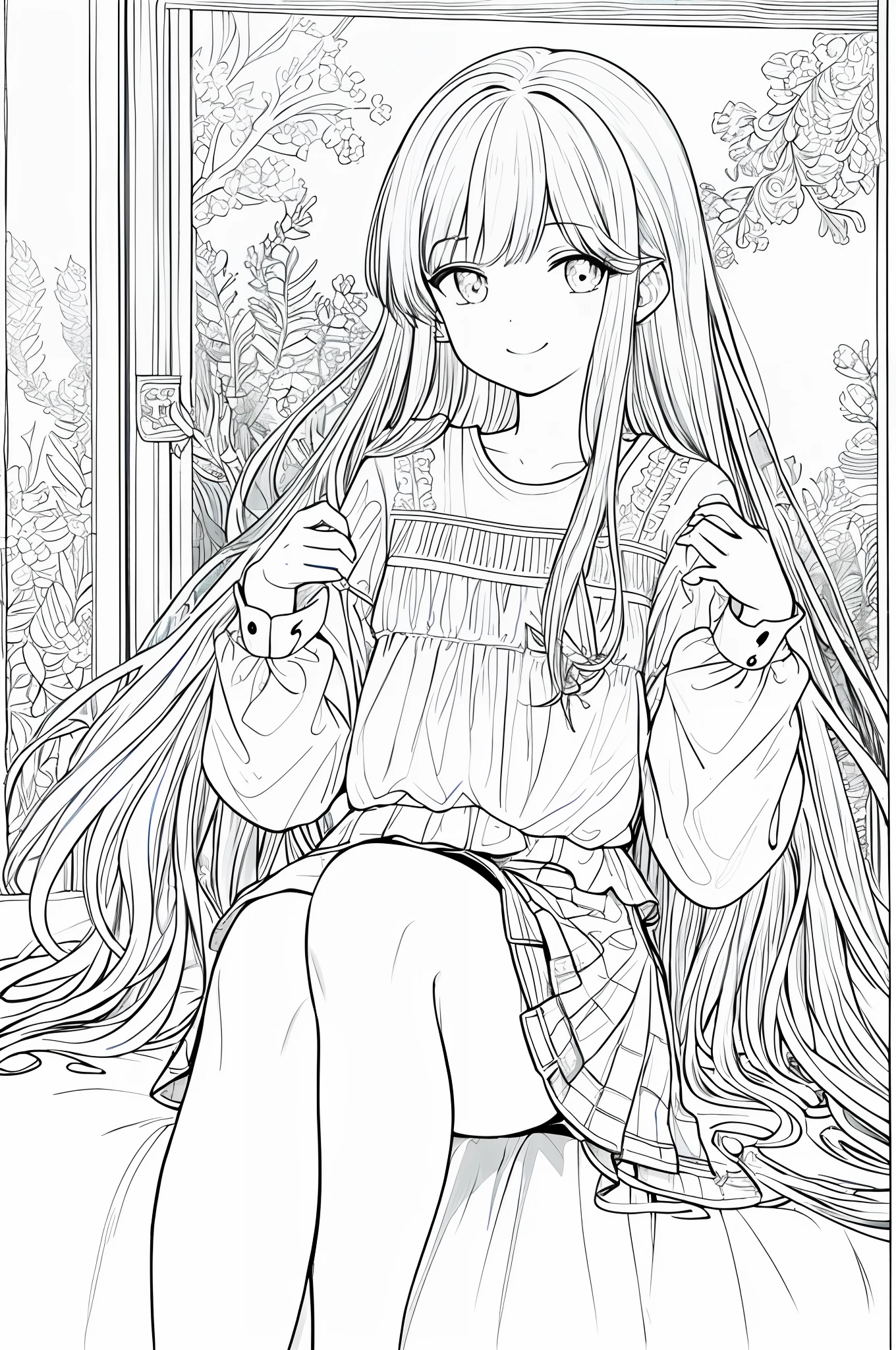 masterpiece, best quality, 1girl, solo, long_hair, looking_at_viewer, smile, bangs, underwear, shirt, long_sleeves, lineart, monochrome,