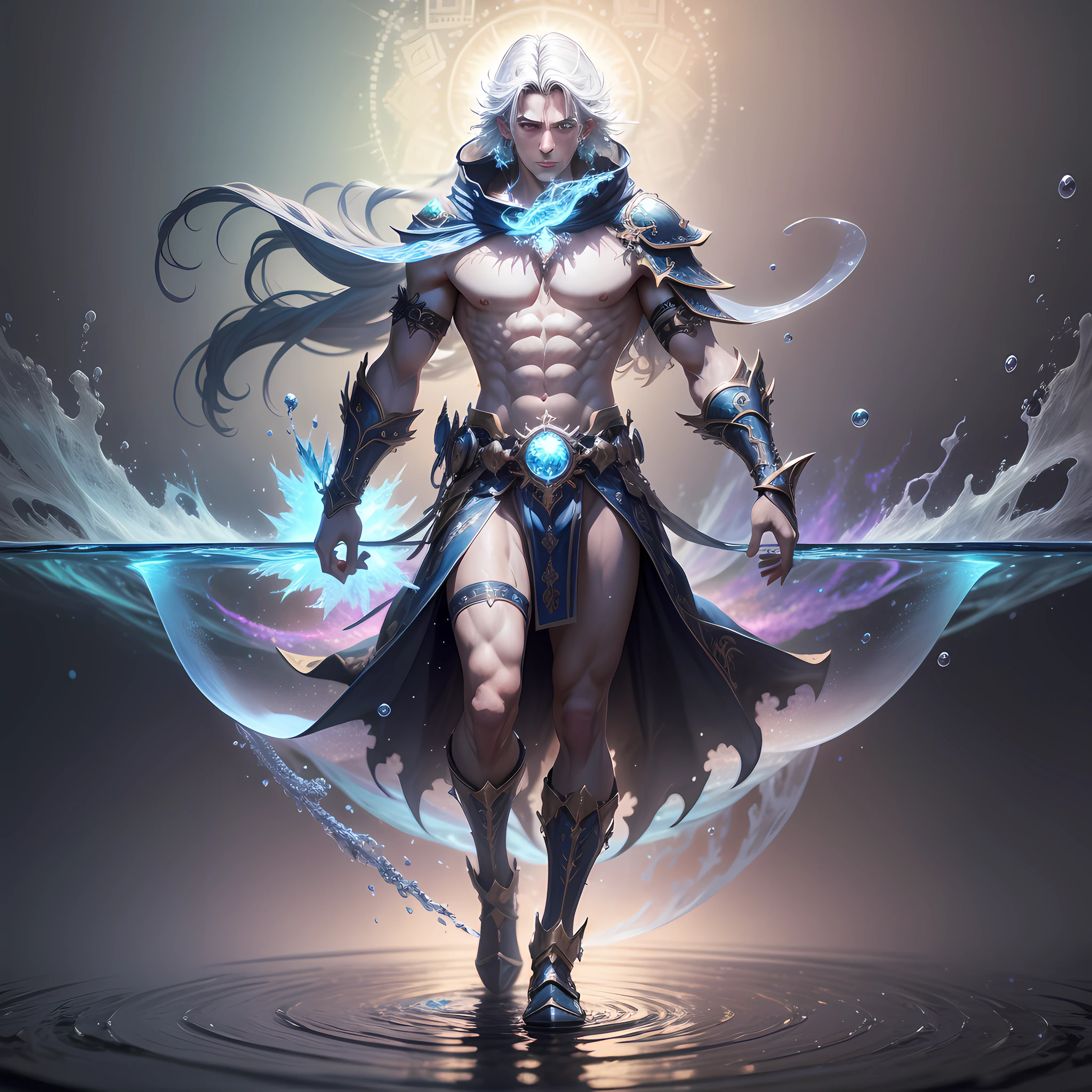 highres, shadows, absurdres, best_quality, ultra_detailed, 8k, extremely_clear, photograph, beautiful, sharp focus, hdr, fractal art, kaleidoscope, water, elemental water wizard, looking over his shoulder, barely clothed, water floating, fantasy spellcaster clothes, dynamic pose, floating particles, focusing, ethereal water