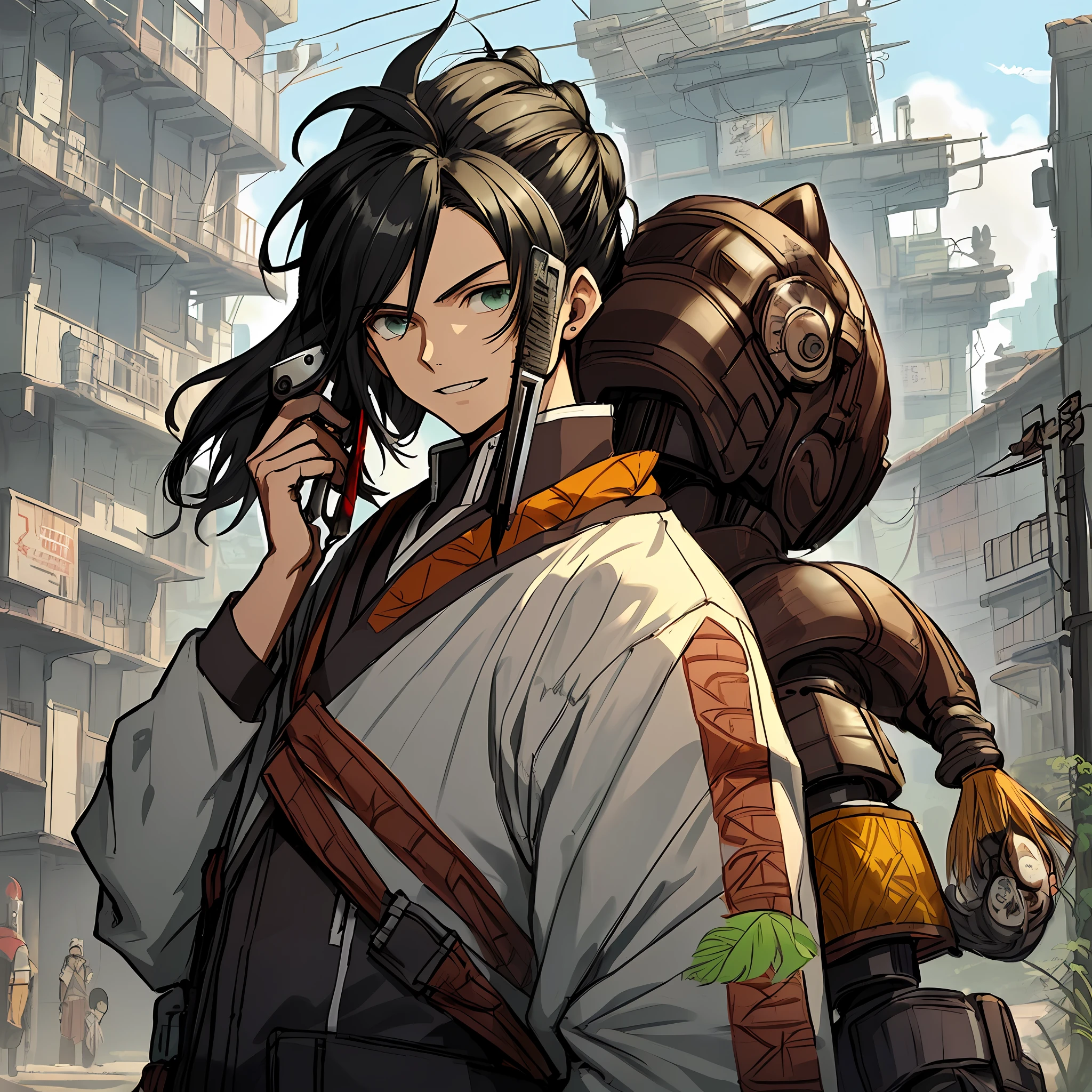 masterpiece, best quality, an extremely thin and beautiful boy, an extremely thin and beautiful boy, world theater of masterpieces, ultra detailed, very detailed, best quality, black hair, high resolution, extremely detailed, 1 boy, best quality, illustration, looking at the viewer, filling, canvas, oil painting, realistic, realistic ,real ((human)) ((chocolate brown character skin)) ((canine grooming clothes)) ((hair cutting scissors)) ((blue clothes)) ((cheerful face)) ((Peruvian clothing)) ((cyberpunk environment)) ((Drawing style of kimetsu no yaiba)) ((painted by Studio Ghibli)