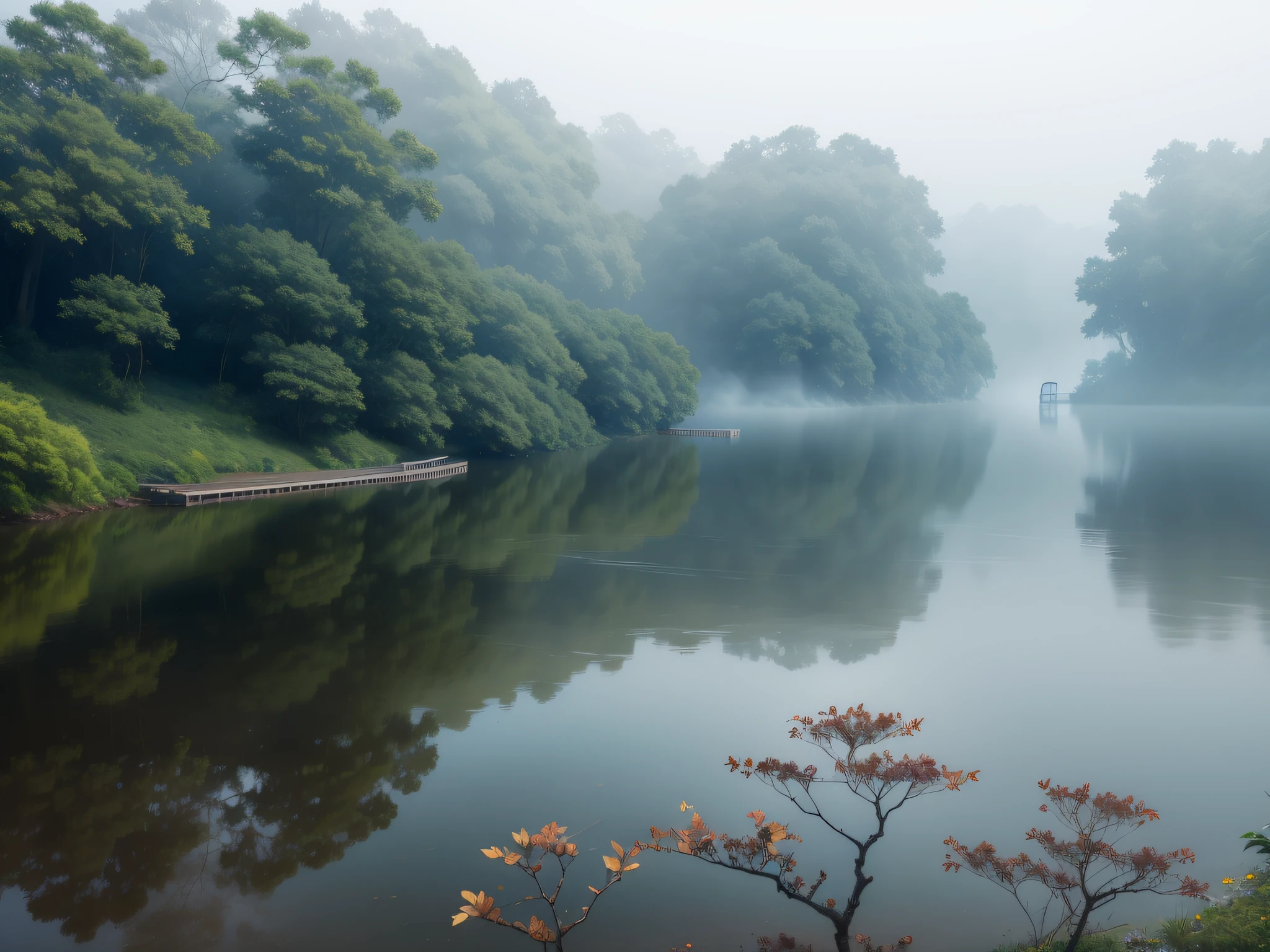 A misty bridge that spans a serene river, surrounded by lush trees and foliage. The fog delicately covers the scene, adding an air of mystery and tranquility. Water reflects soft light