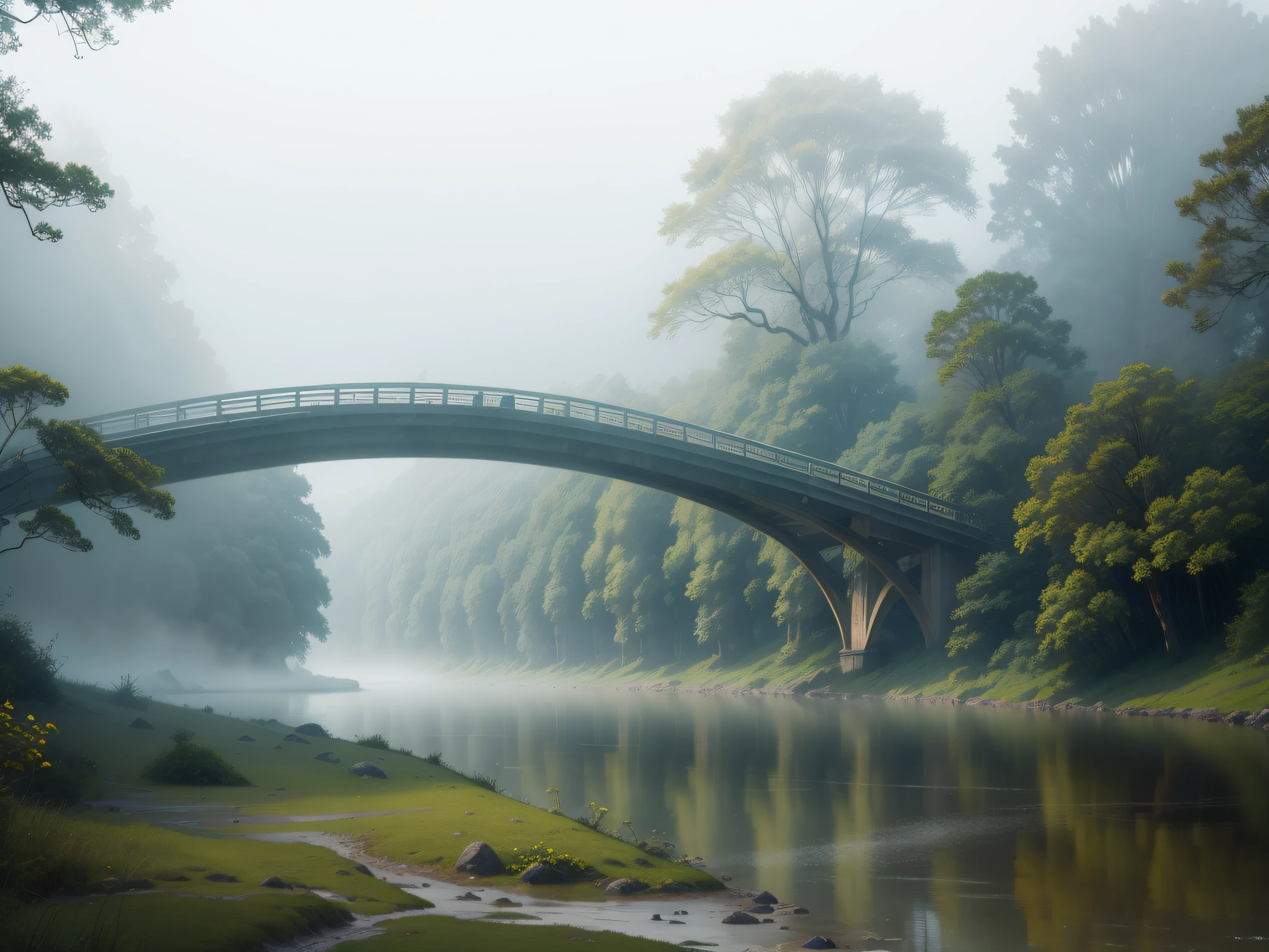 A misty bridge that spans a serene river, surrounded by lush trees and foliage. The fog delicately covers the scene, adding an air of mystery and tranquility. Water reflects soft light