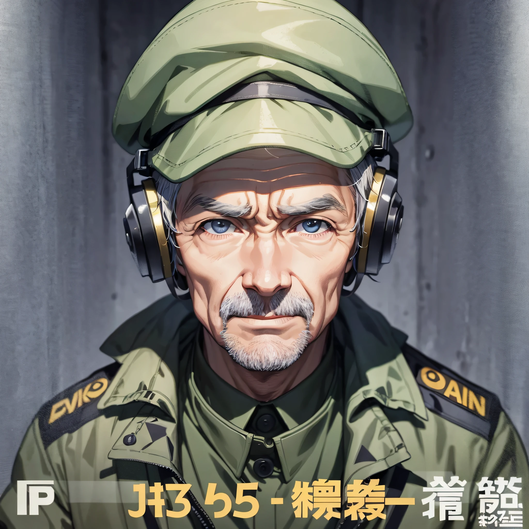 An old man dressed as a commander (1.5), with a surprised expression, the background is very large combat command with many large screens