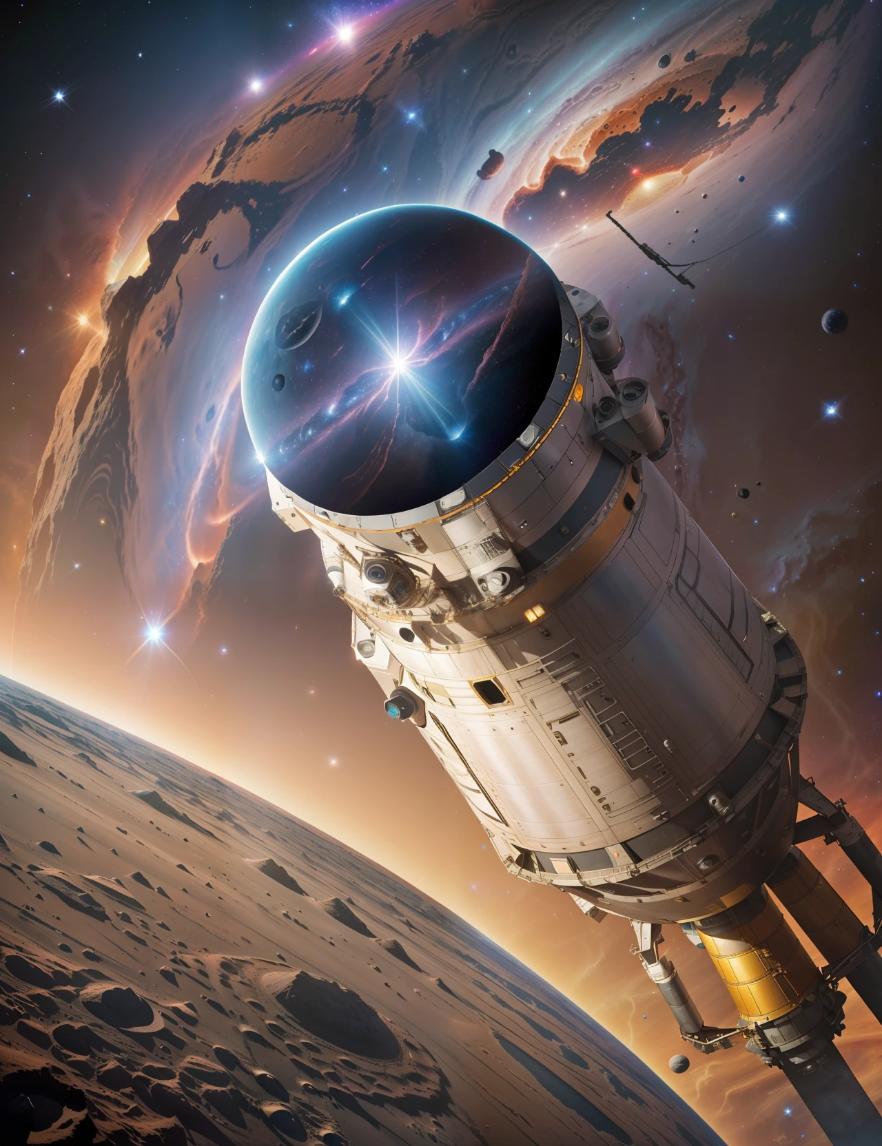 Starlit expanse, metallic spacecraft, zero-gravity objects:0.3, distant cosmic phenomena:0.2. Ultra-HD Hasselblad DSLR RAW image of a (spacewalk, Mars Rover, Lunar base, orbiting satellite, distant galaxy)1.3. Foreground elements include (floating astronaut, geological samples, high-tech machinery, Earth view, spiral nebulae)1.2 against the void of (deep space, Martian landscape, Lunar surface, Earth's curvature, galactic core)1.3. Capturing the awe and isolation of space exploration with a touch of (lens flare)1.2.