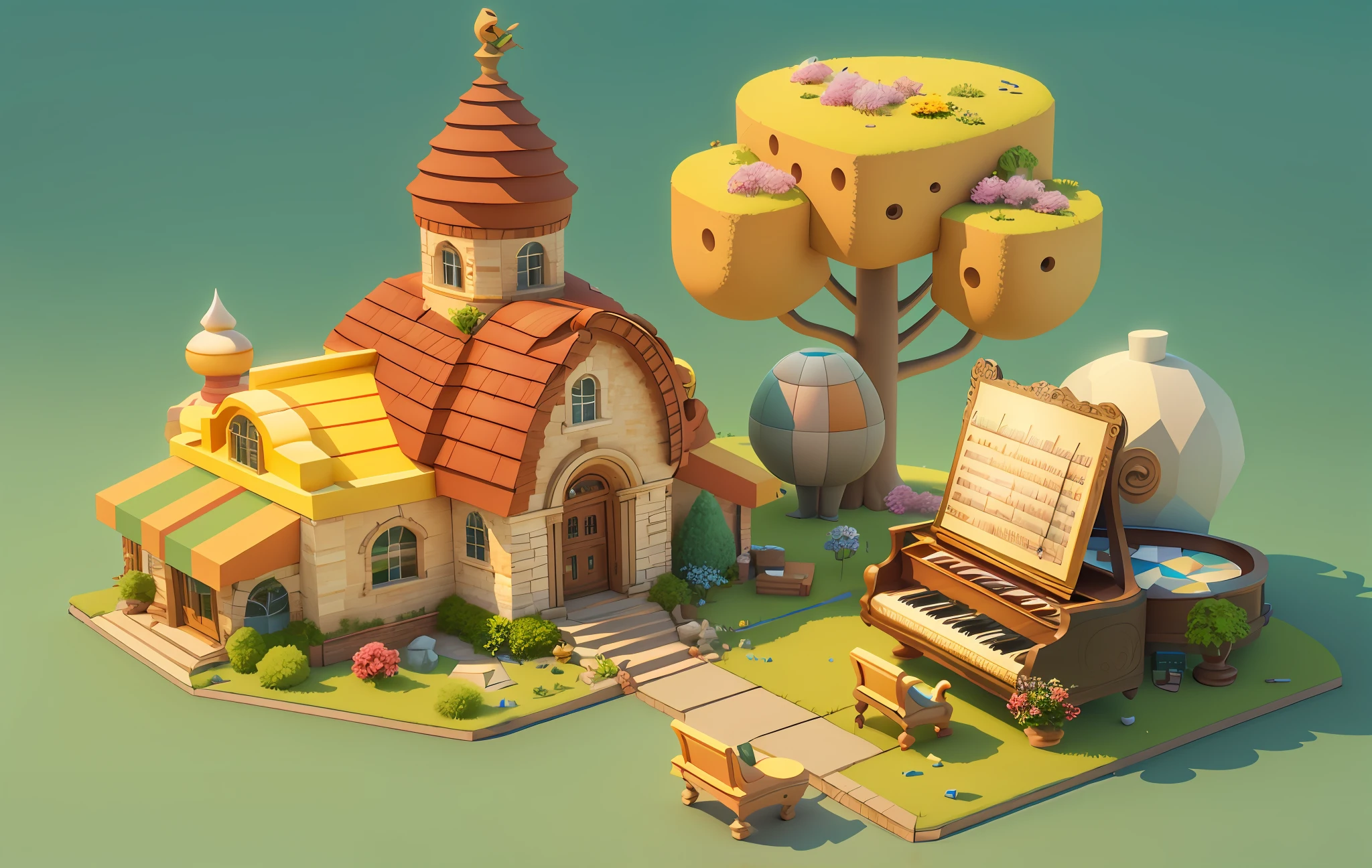 cartoon, architecture, pixar style, cartoon style, polygon, game architectural design, fantasy, charming concert hall, grand piano, bar, table, musical instrument, stone, brick, grass, flower, trees, casual game style, creative, best detail, 3d, blender, masterpiece, best quality, cartoon rendering, 8K