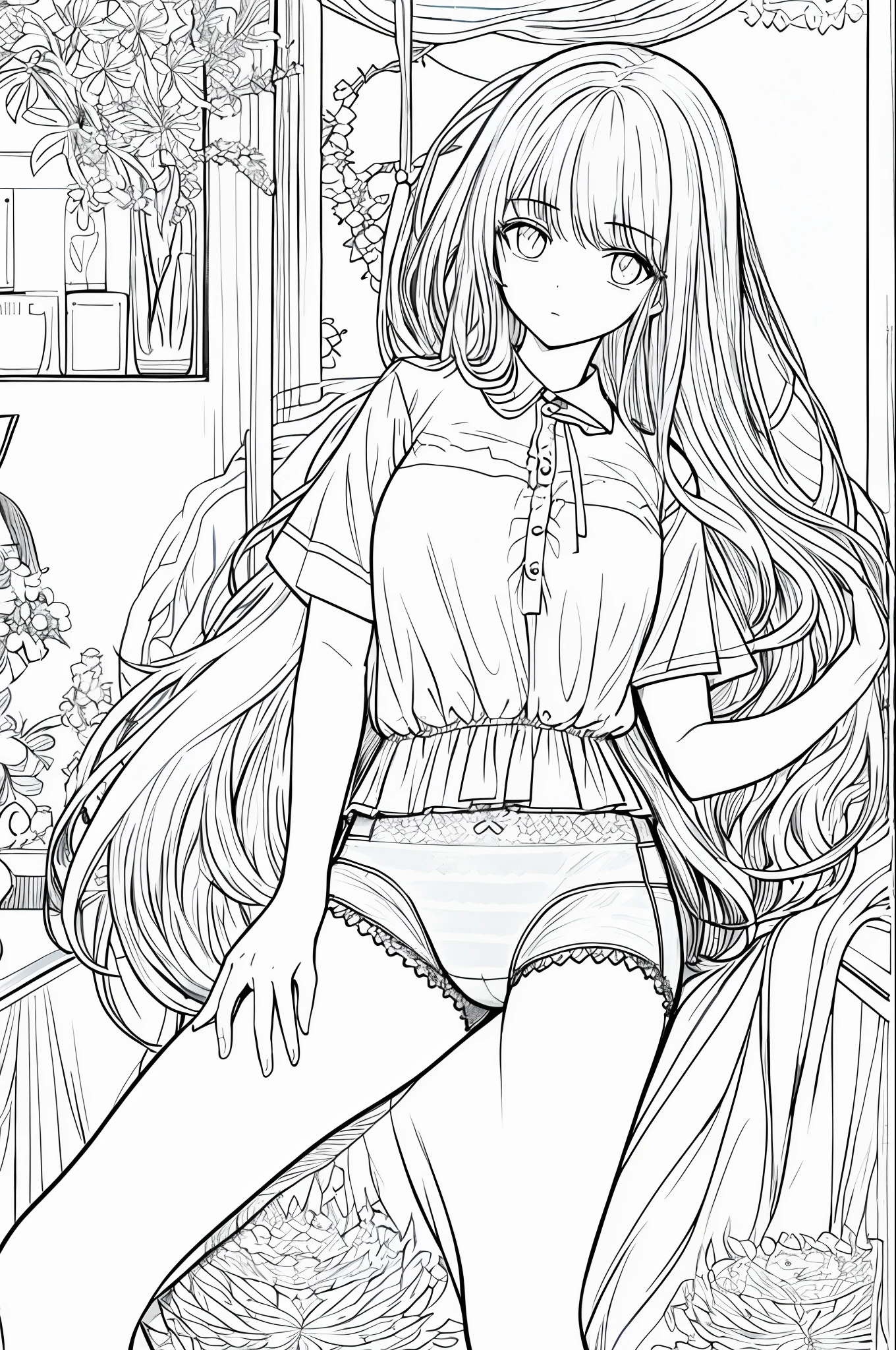 masterpiece, best quality, 1girl, long_hair, stoic, shirt, bangs, underwear, lineart, monochrome