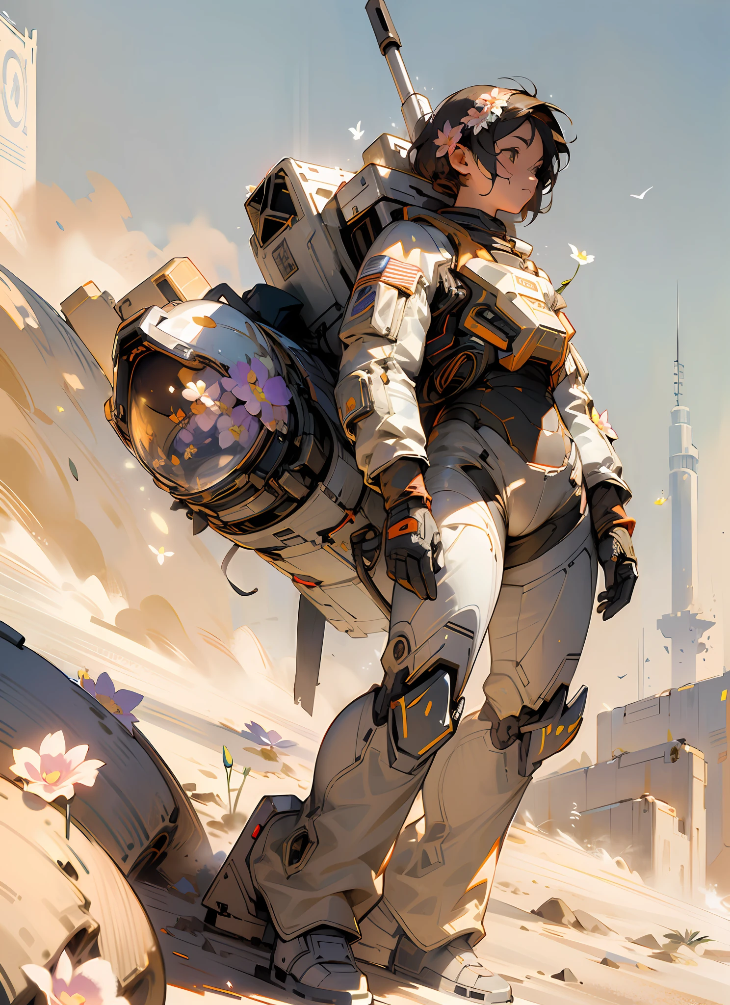 masterpiece, hyperdetail, Illustrations, dynamic angle, 1 girl, spacesuit, full body, desert, outdoor, (dust, sandstorm:L1.2), post-apocalyptic wasteland, third person, (withe flower:1.5), cinematic lighting