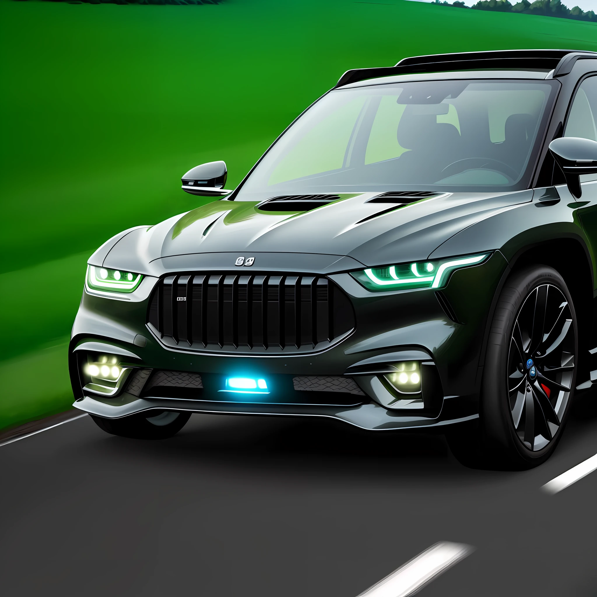 Grass, road, luxury car, SUV, black, grille, LED light, license plate, window, real, realistic painting style, 8k, optimized