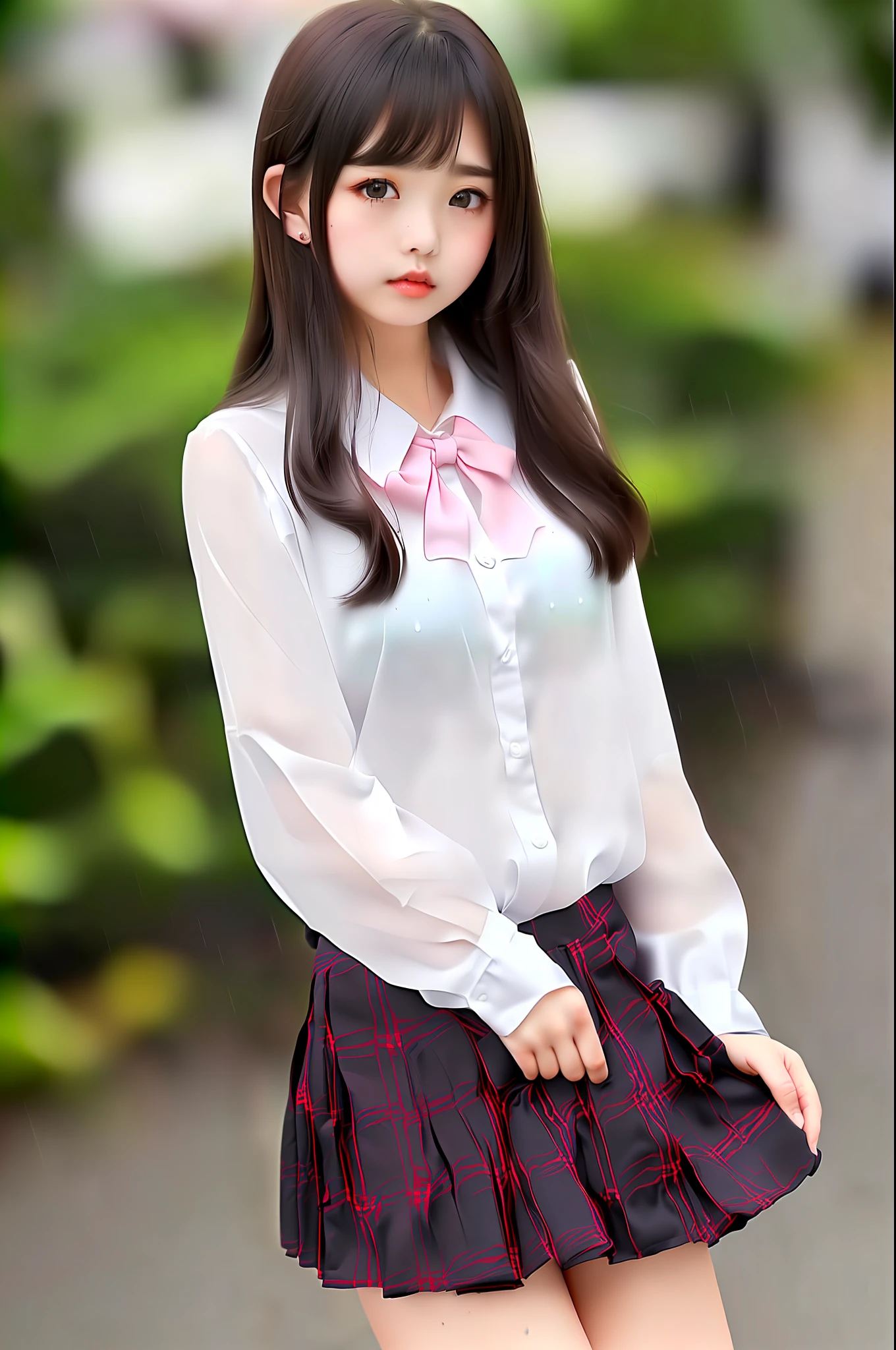 masterpiece, top quality, characteristics of the whole body (saukztf: 1.3), brown long hair, bangs, big eyes, parted lips, black eyes, uniform, white blouse, rain, soaked, pink underwear, dripping droplets, small, plaid skirt, ,