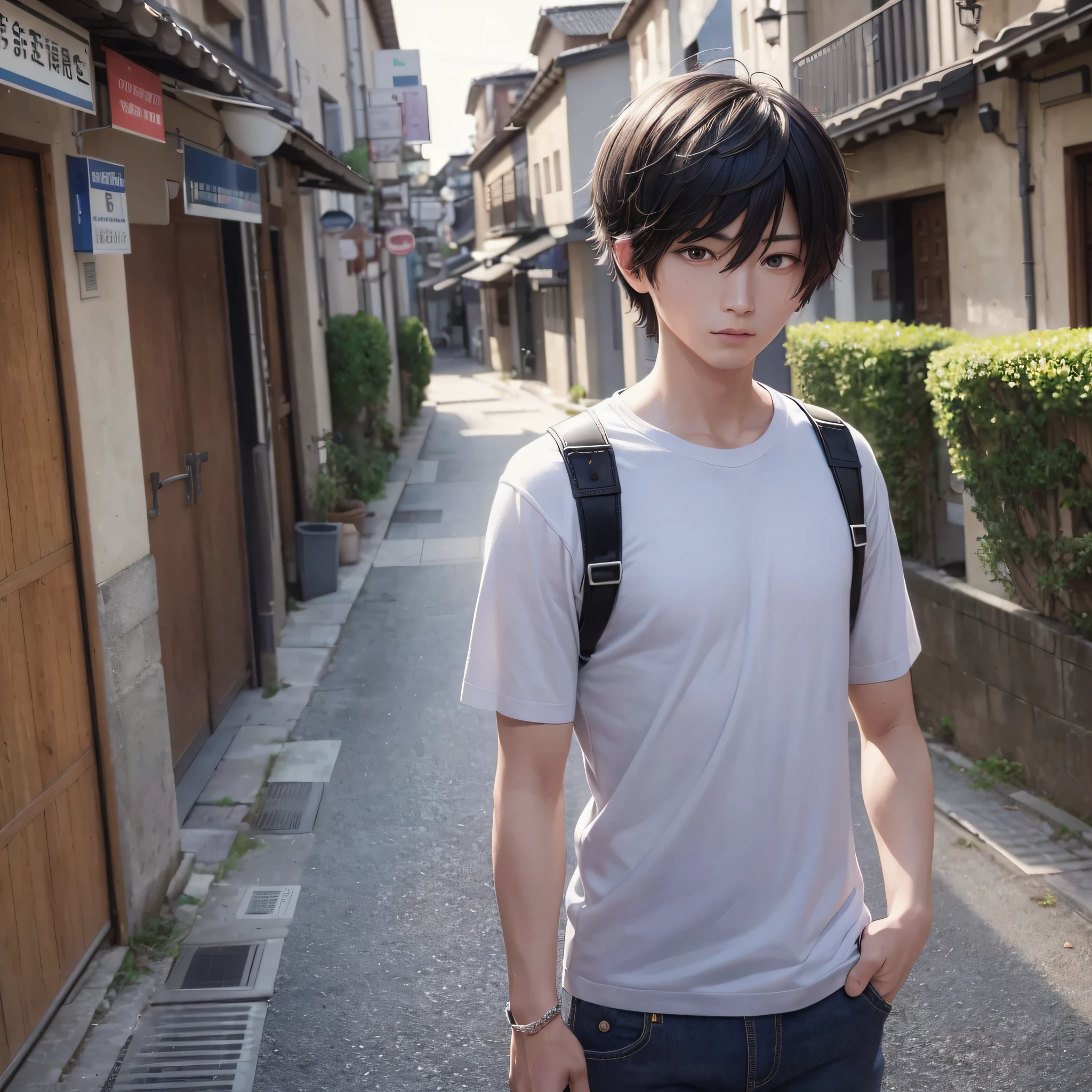 4k, best quality, 3D anime masterpiece), (anime, realistic,), Chinese young man, handsome, gray short sleeves, student face, thin and straight, short hair, background village, serious tension, moderate eyes, full body. Evening, color glow, soft light, 4k, 8k, excellent picture quality, lens zoom out, movie perspective, --auto --s2