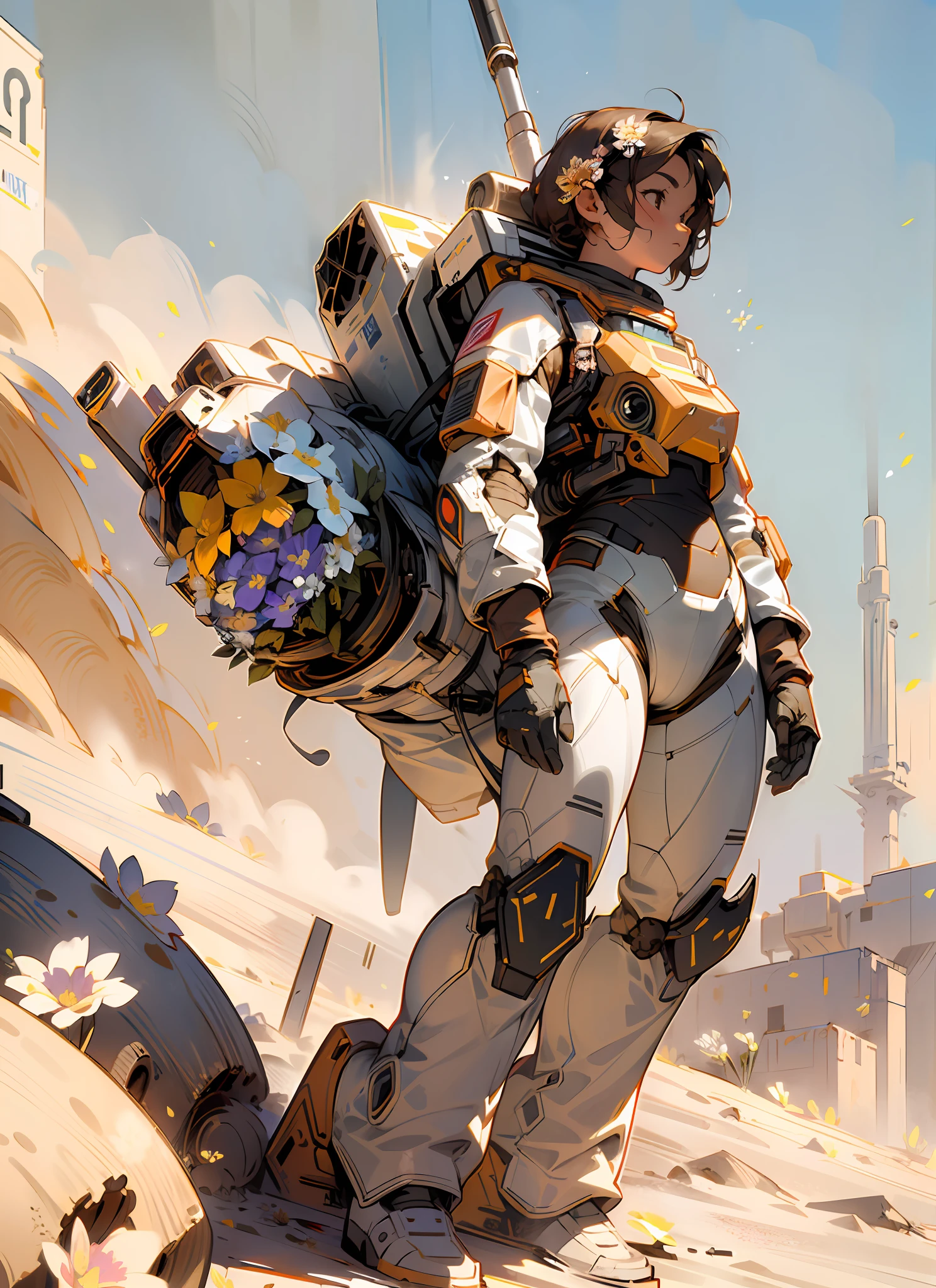 masterpiece, hyperdetail, Illustrations, dynamic angle, 1 girl, spacesuit, full body, desert, outdoor, (dust, sandstorm:L1.2), post-apocalyptic wasteland, third person, (withe flower:1.5), cinematic lighting