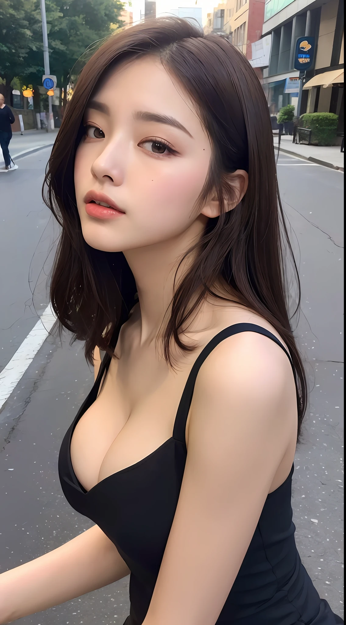((Realistic Lighting, Top Quality, 8K, Masterpiece: 1.3)), Clear Focus: 1.2, 1 Girl, Perfect Body Beauty: 1.4, Slim Abs: 1.1, ((Dark Brown Hair, Big: 1.4)), (Accent Dress: 1.4), (Outdoor: 1.1), City Street, Super Fine Face, Fine Eyes, Double Eyelids, (Exposed Cleavage: 1.5),