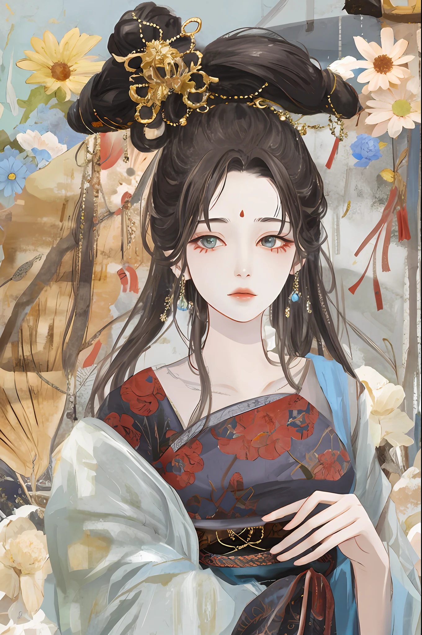 An ancient Chinese beauty sitting on a stone, wearing ancient Chinese clothing, flowing tulle, light silk, lazy posture, large lotus leaf, lotus, ink painting style, clean color, decisive cutting, blank, freehand, masterpiece, super detailed, epic composition, high quality, the highest quality, 4k --v 6