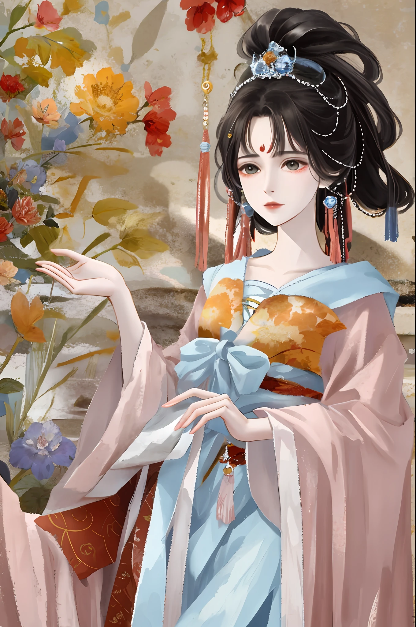 An ancient Chinese beauty sitting on a stone, wearing ancient Chinese clothing, flowing tulle, light silk, lazy posture, large lotus leaf, lotus, ink painting style, clean color, decisive cutting, blank, freehand, masterpiece, super detailed, epic composition, high quality, the highest quality, 4k --v 6