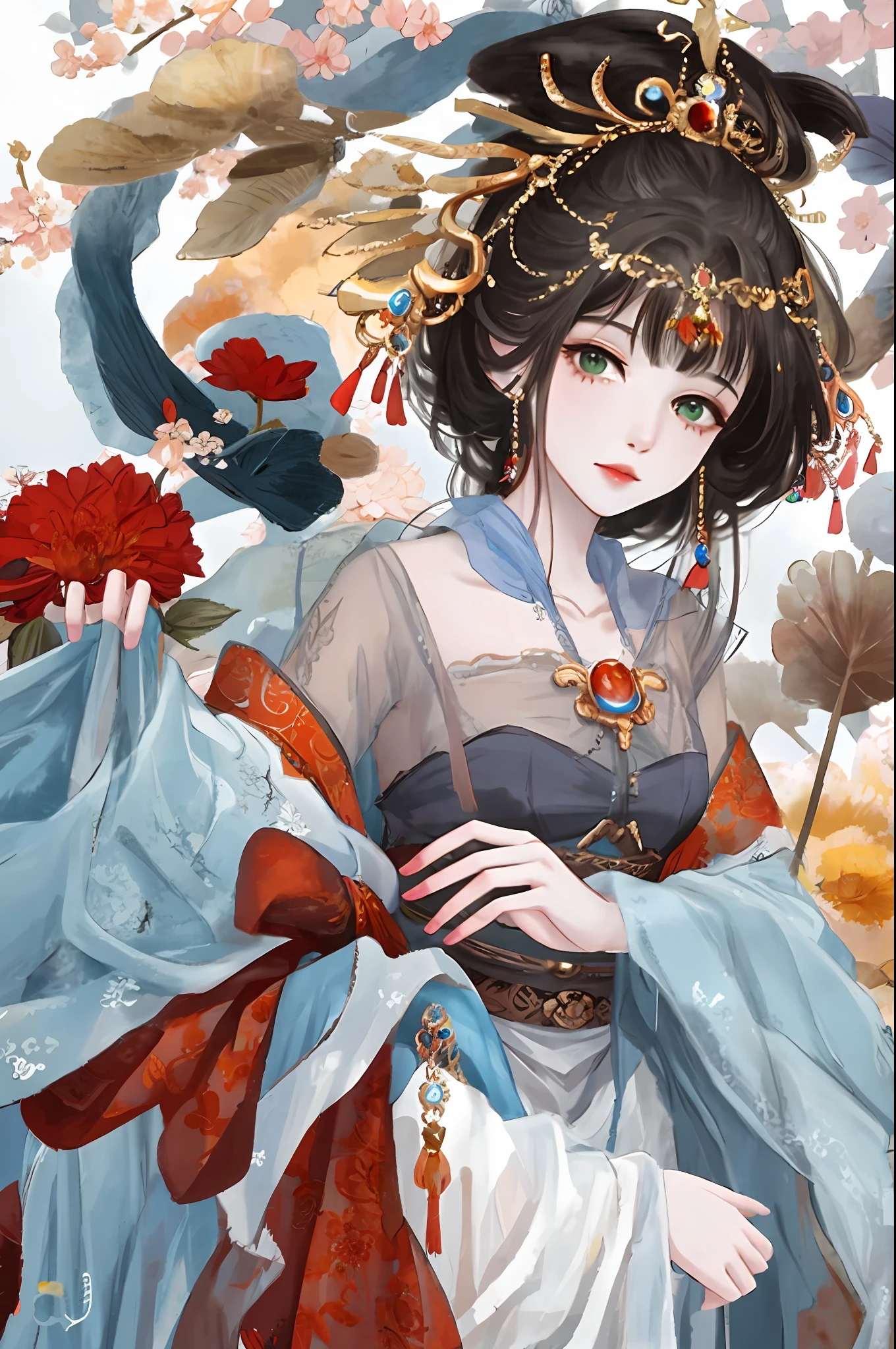 An ancient Chinese beauty sitting on a stone, wearing ancient Chinese clothing, flowing tulle, light silk, lazy posture, large lotus leaf, lotus, ink painting style, clean color, decisive cutting, blank, freehand, masterpiece, super detailed, epic composition, high quality, the highest quality, 4k --v 6