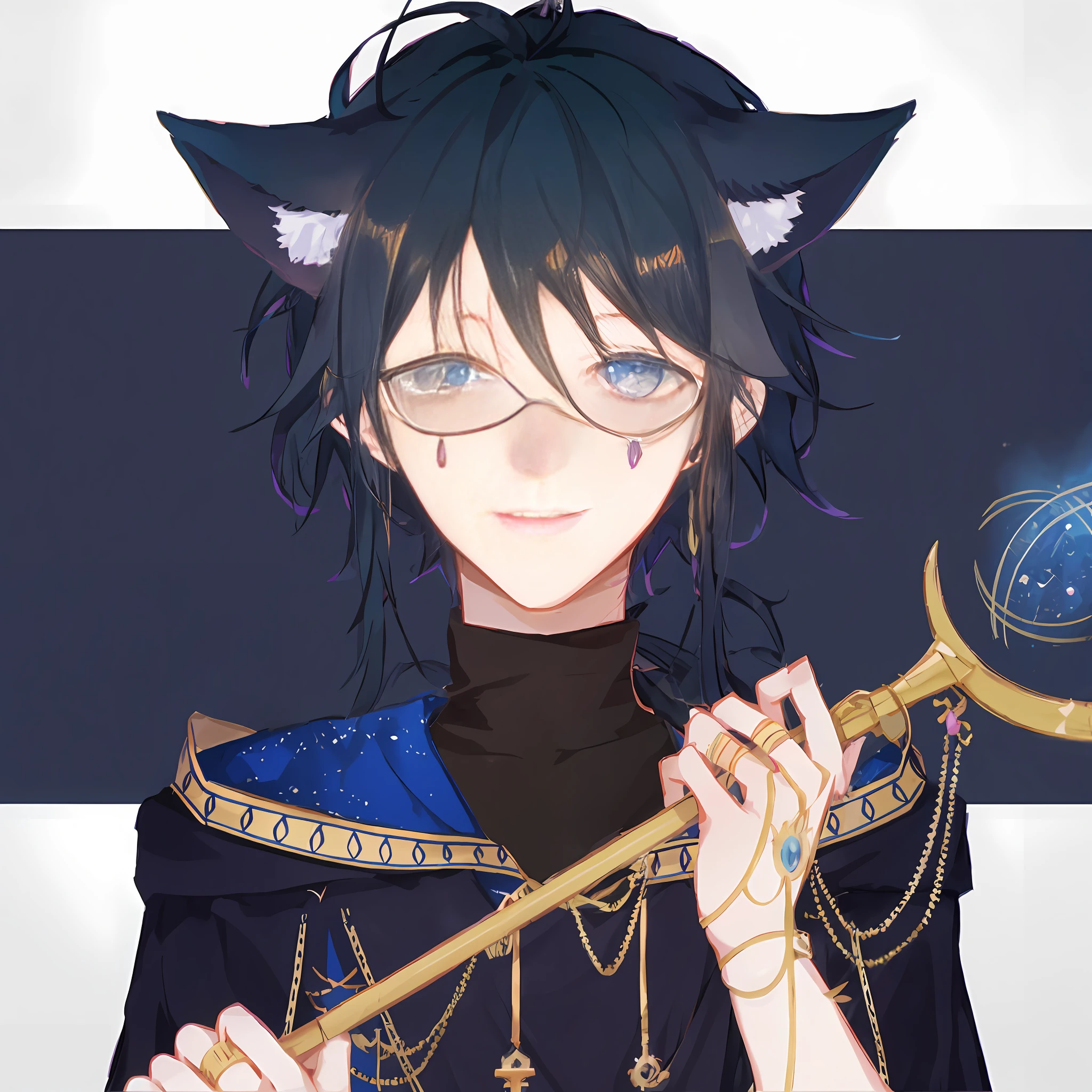 anime character with a cat's head and a wand, anime moe artstyle, tall anime guy with blue eyes, black - haired mage, inspired by Okumura Masanobu, key anime art, anime in fantasy style, boy with cat ears and tail, 2 d anime style, zerochan art, in an anime style, beautiful androgynous prince