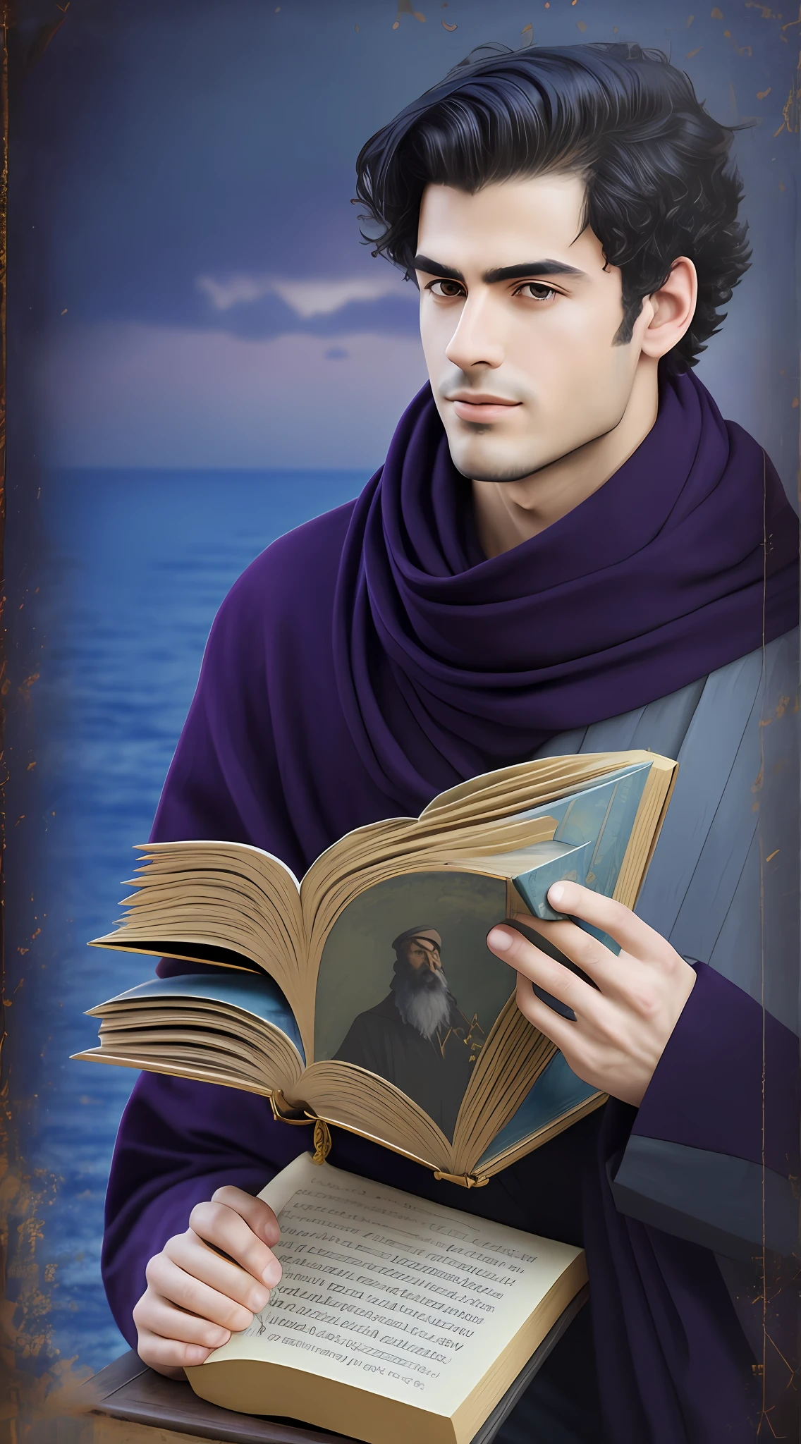 Arafed man in purple scarf holding closed book on a ship on the high seas, portrait of merlin, dramatic reading pose spell book, Renaissance scholar dressed, inspired by Aldus Manutius, inspired by Alexandre Cabanel,