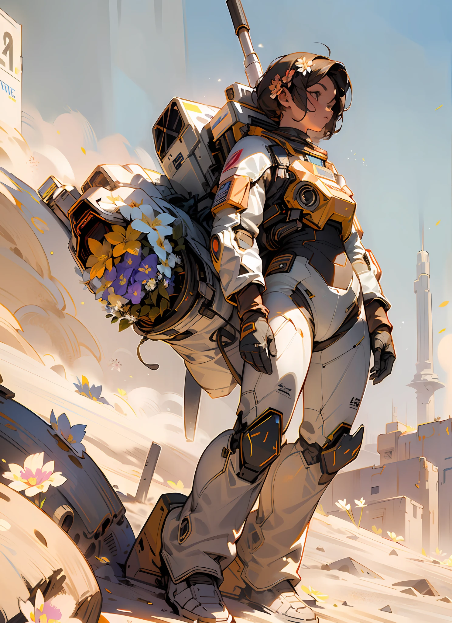 masterpiece, hyperdetail, Illustrations, dynamic angle, 1 girl, spacesuit, full body, desert, outdoor, (dust, sandstorm:L1.2), post-apocalyptic wasteland, third person, (withe flower:1.5), cinematic lighting
