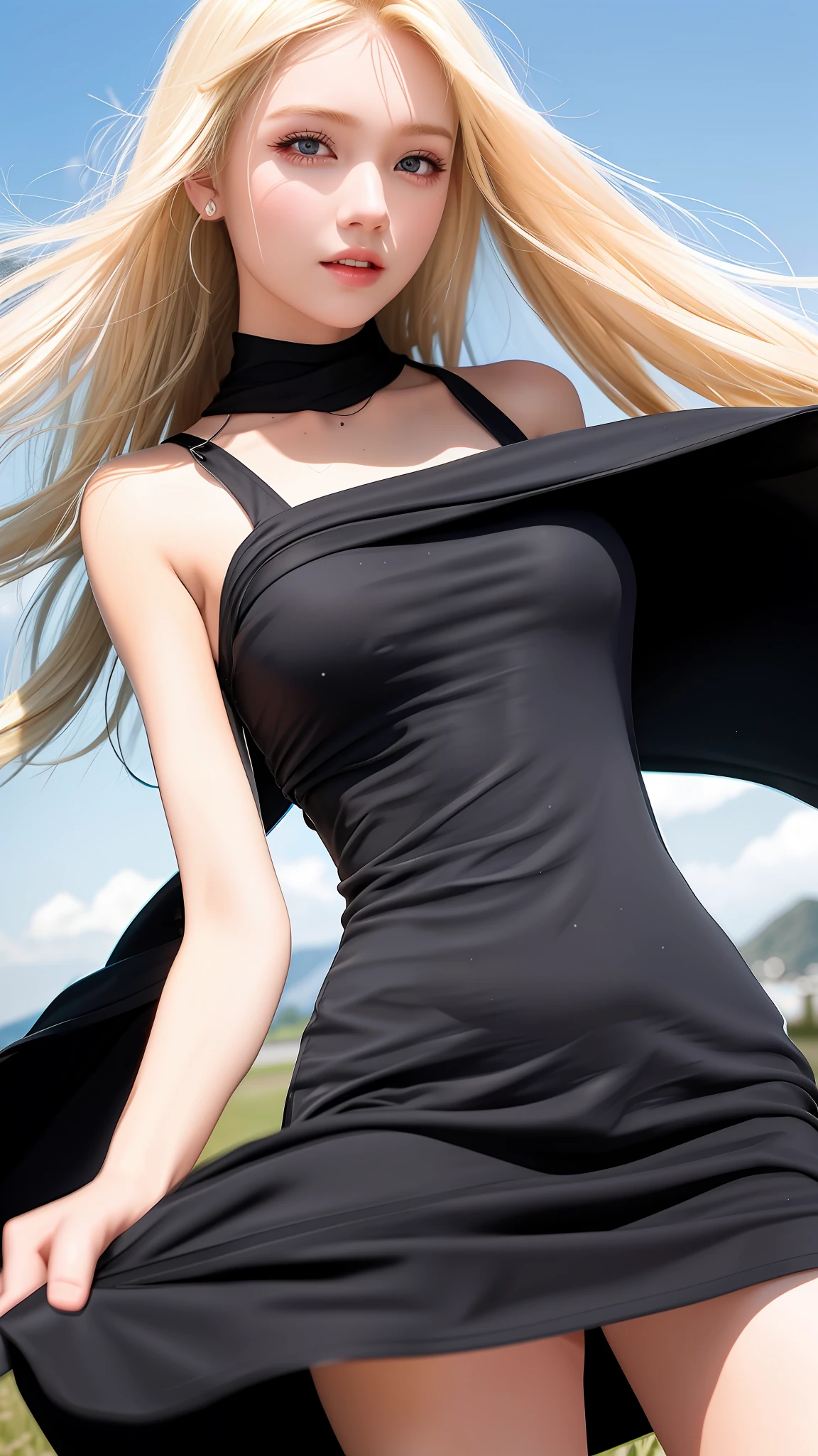 blond woman in black dress posing in open field with open cape, she is wearing a black dress, skintight black clothes, she is wearing a black tank top, wearing a tight black dress, anime girl wearing a black dress, wearing a black bodysuit, wearing a black dress, beautiful woman in a black dress, black dress, wearing black dress, flowing dress