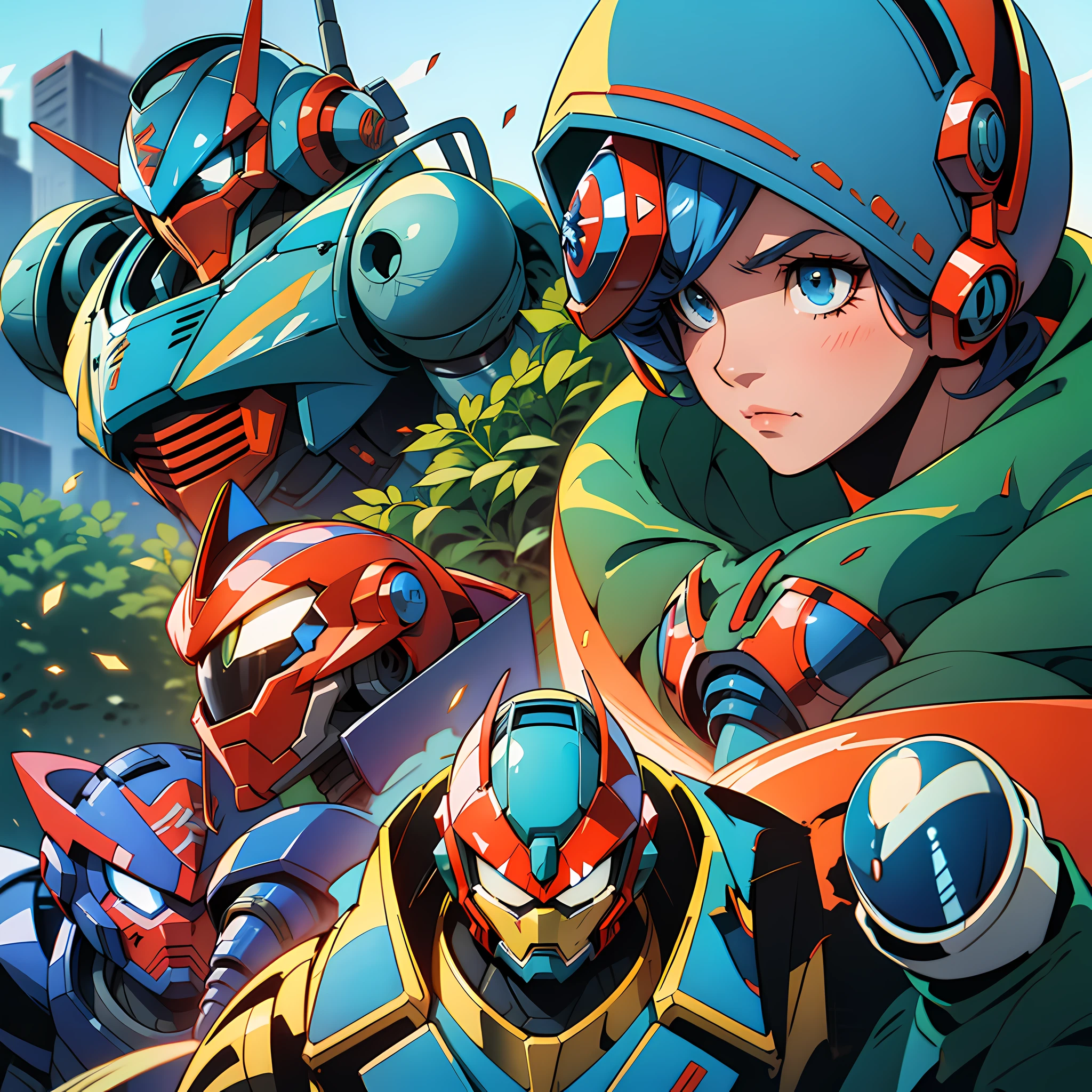 a close up of a robot with a helmet on and a red and blue helmet, megaman, mega man, robot metallic armor, scarab reploid, cyber fight armor, mecha suit, beautiful robot character design, tremendous mecha robot, video game characters designs, anime robotic mixed with organic, shovel knight as daft punk, by Jason Teraoka