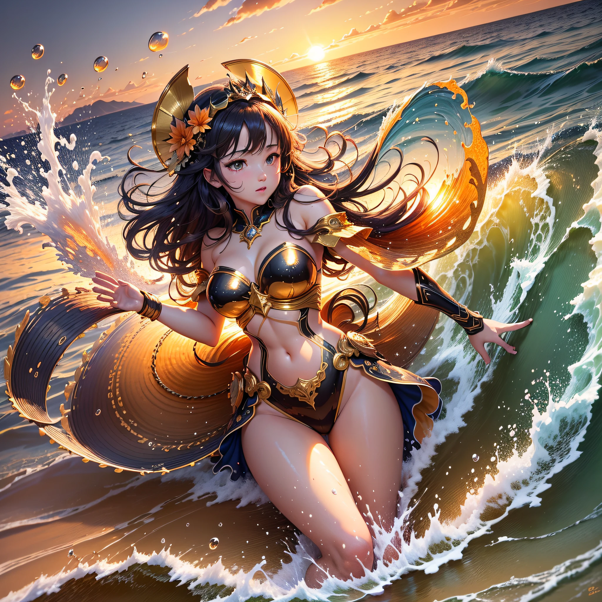 Masterpiece, best quality, (8k very detailed CG unit wallpaper) (best quality), (best illustration), (best shadows) a golden sea wave, bright orange aol sunset through the wave, golden droplets flying, (:1.6) --auto --s2