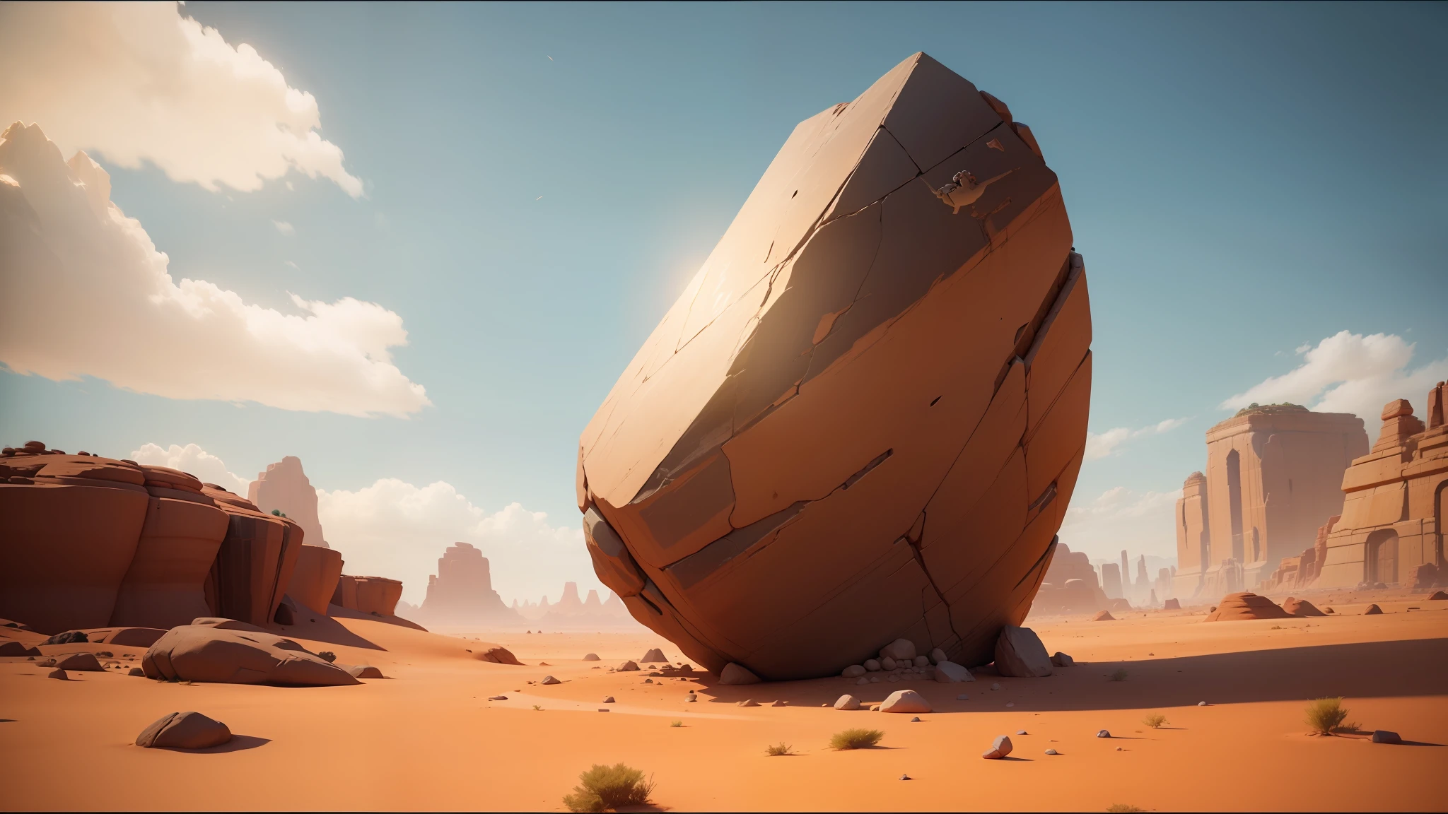 there is a large rock in the middle of a desert, unreal engine 5 demo, inspired by Isamu Noguchi, ‘zootopia’, prince of egypt, 2019, gameplay screenshot, in game screenshot, ozymandias, madagascar, the artist has used bright, iran