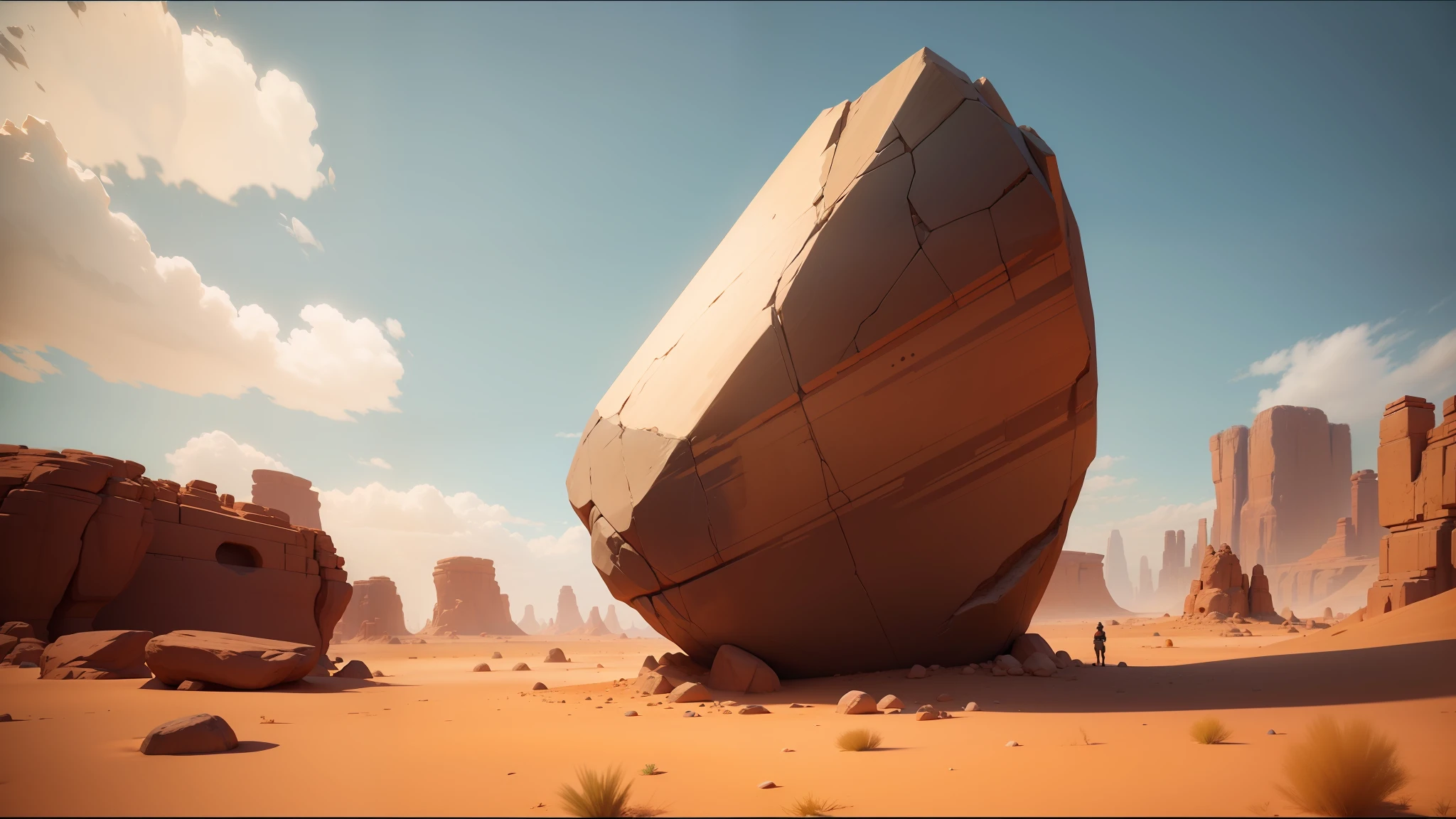 there is a large rock in the middle of a desert, unreal engine 5 demo, inspired by Isamu Noguchi, ‘zootopia’, prince of egypt, 2019, gameplay screenshot, in game screenshot, ozymandias, madagascar, the artist has used bright, iran