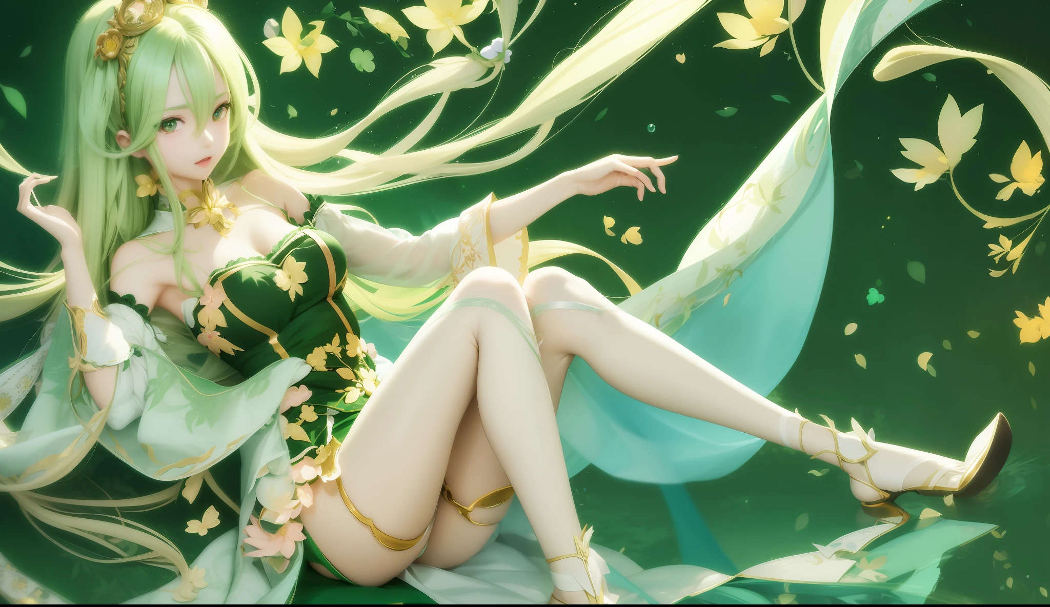 anime girl with long hair and a green dress sitting on a bed, anime goddess, trending on cgstation, beautiful alluring anime woman, blonde anime girl with long hair, extremely detailed artgerm, art of wlop, style of artgerm, anime fantasy artwork, style artgerm, beautiful fantasy anime, guweiz, ross tran style